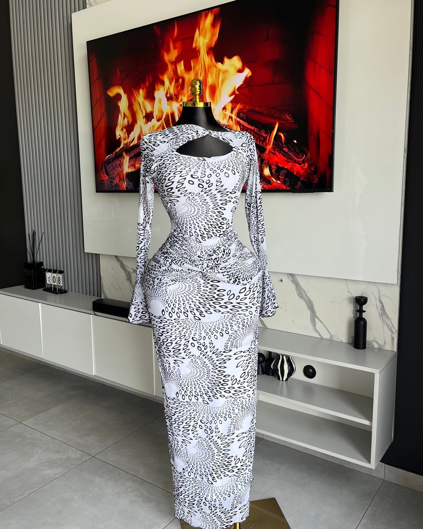 Zelara Mesh Print Cut-Out Maxi Dress