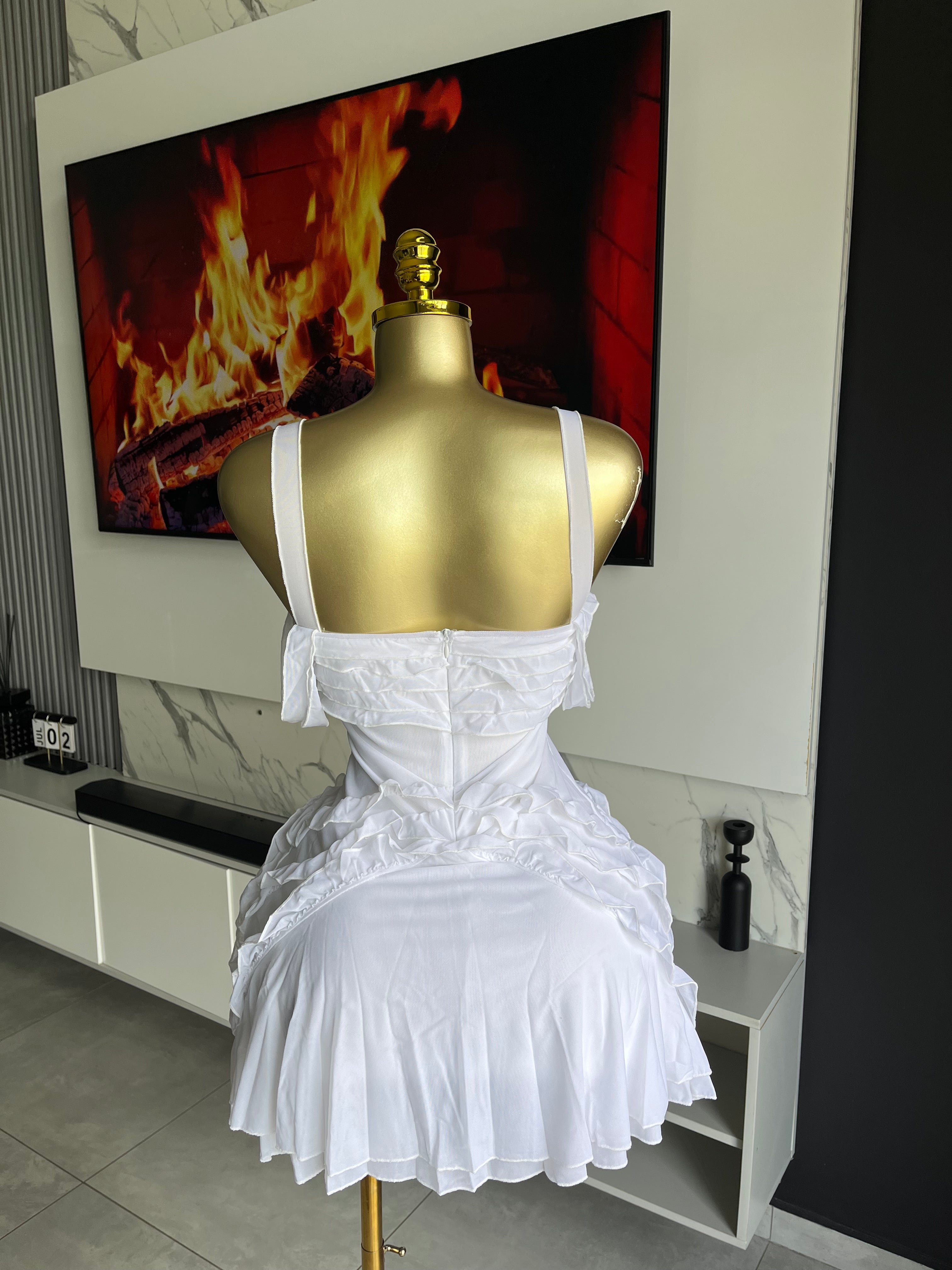 Kendra Ruffle Mesh Strapless Mini Dress White