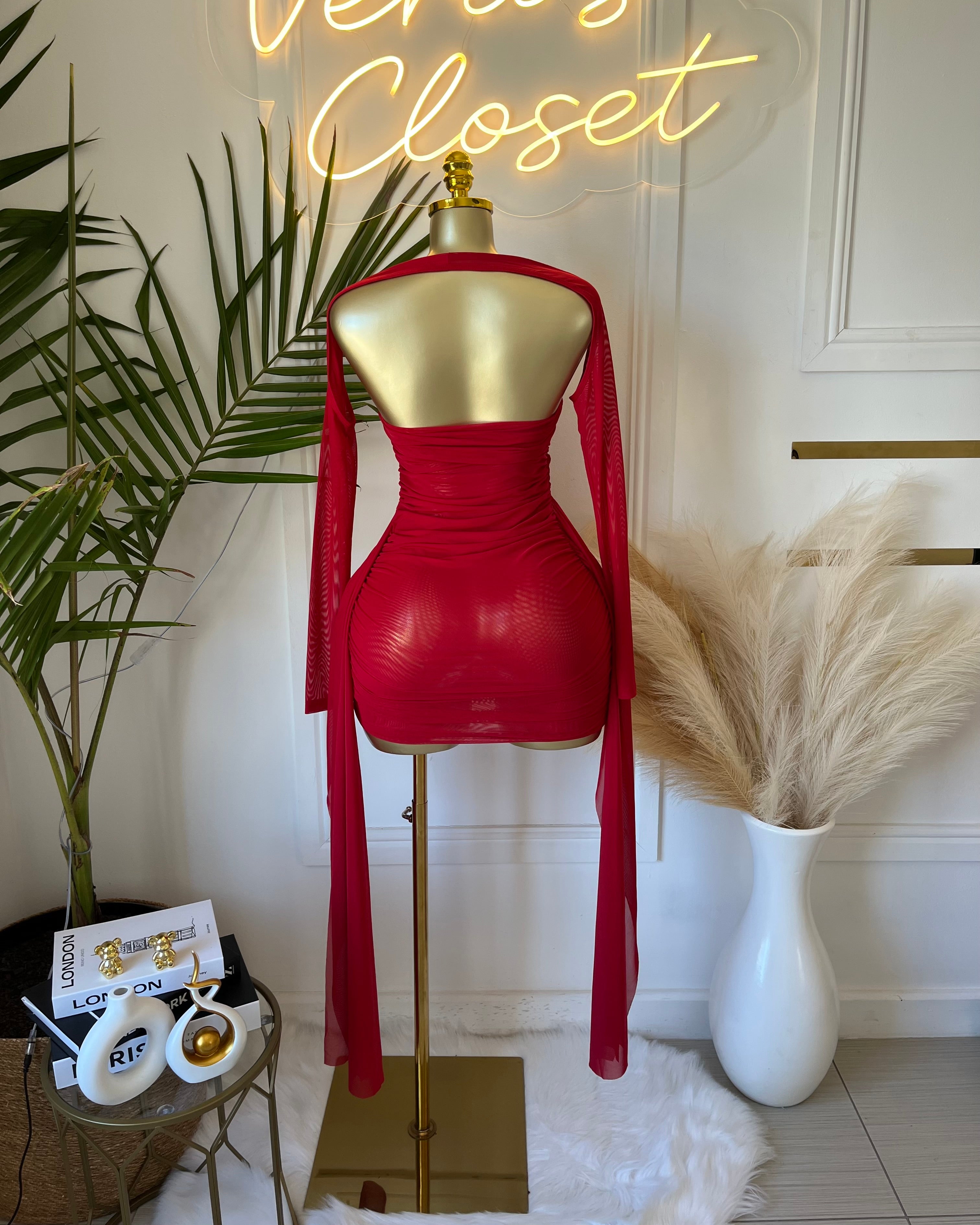 Oluna Sheer Draped Mini Dress Red