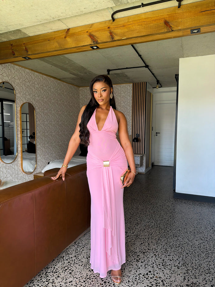Sienna Diamanté Halter Maxi Dress Pink