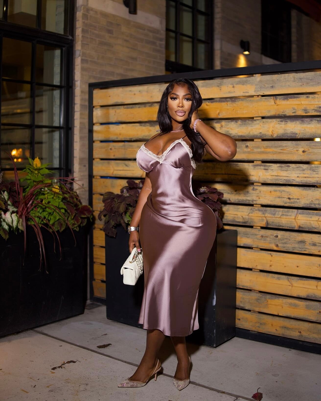 Archieves Satin Lace-Trim Midi Dress