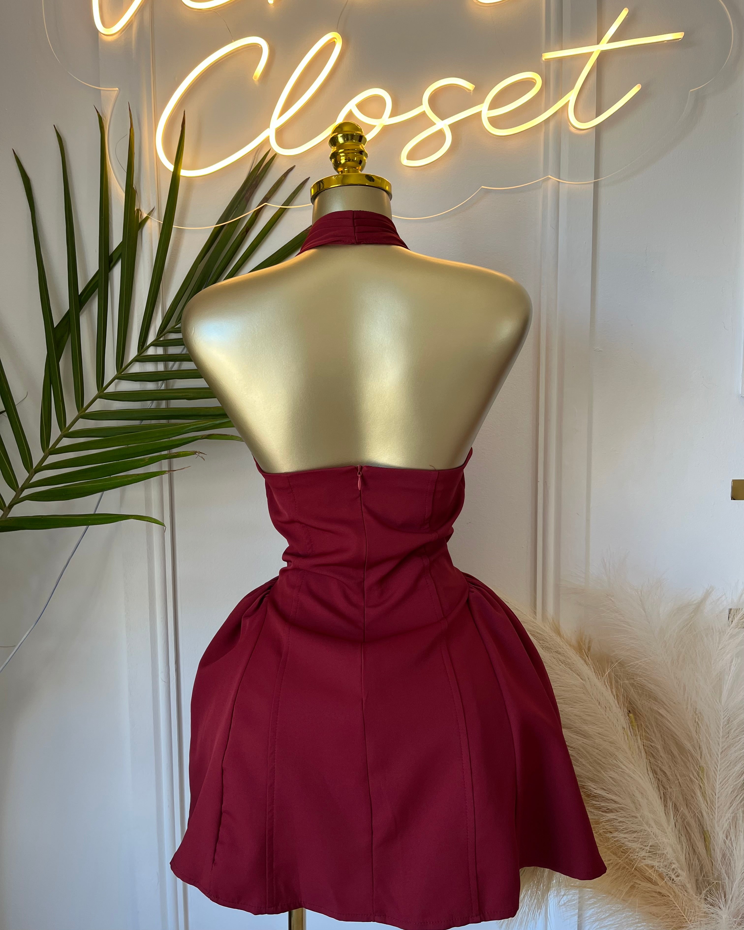 Reanna Burgundy Halter Skater Mini Dress