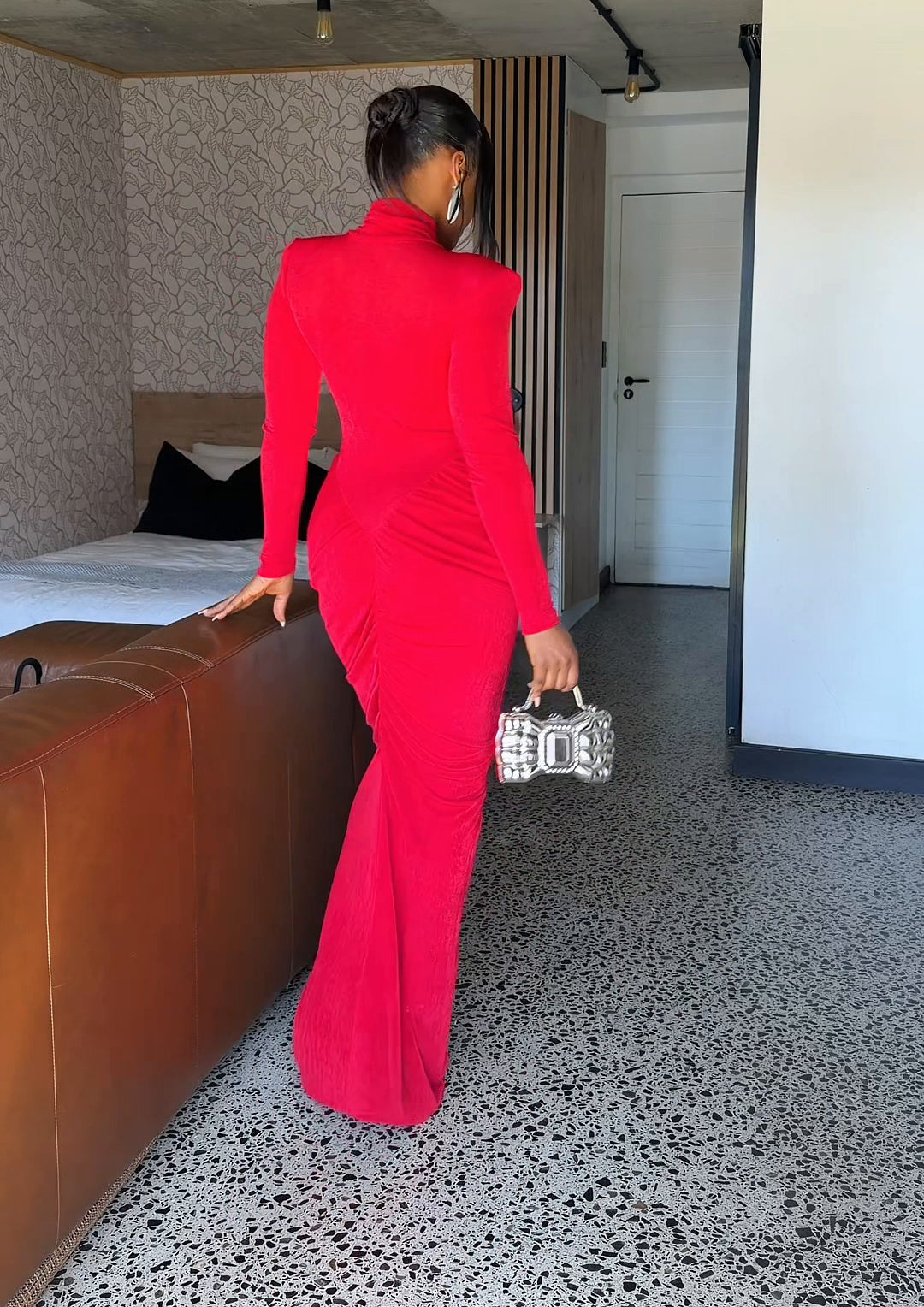 Odette Ruched High-Neck Maxi Dress Red