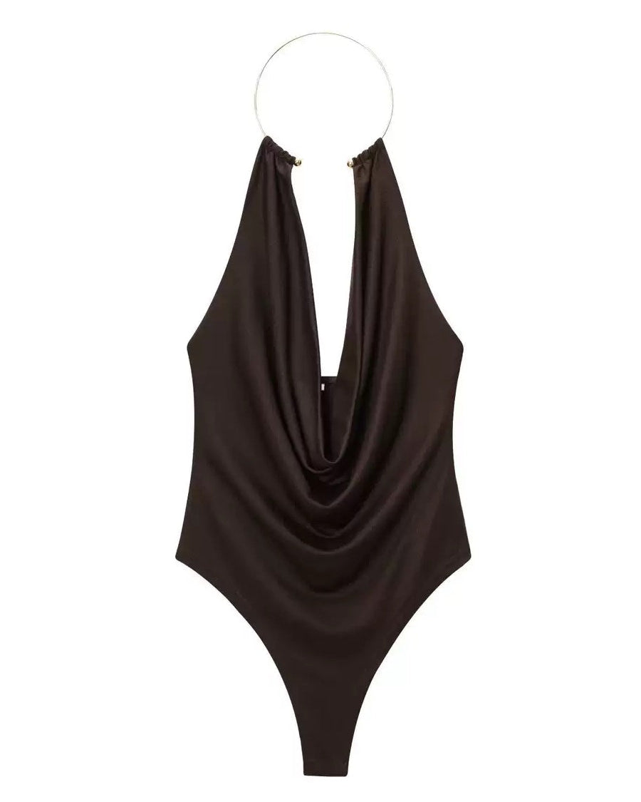 Mine Ring Detail Draped Bodysuit Brown
