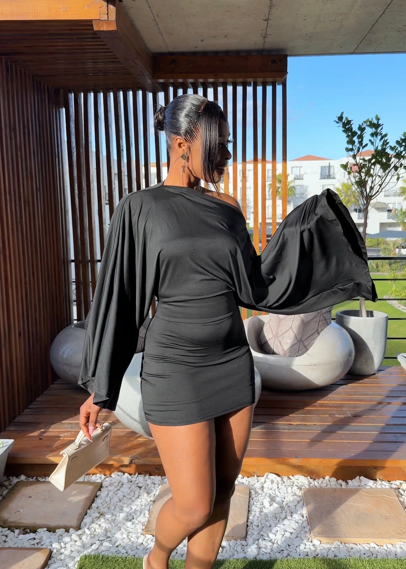 Leona Off-Shoulder Cape Sleeve Mini Dress Black