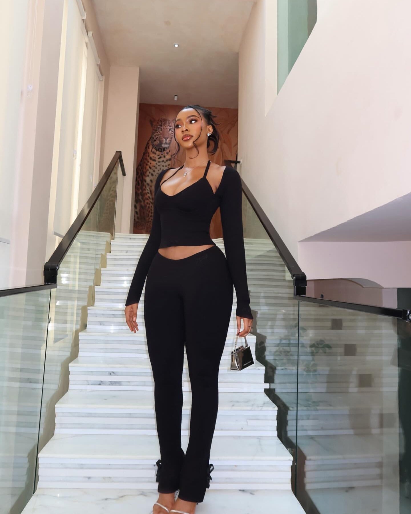 Ivana Plunge Crop Top & Pants Set Black