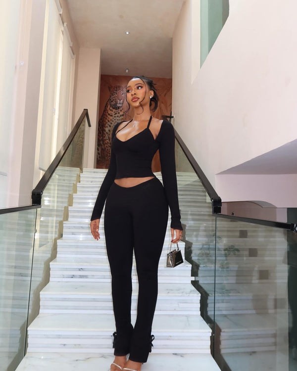 Ivana Plunge Crop Top & Pants Set Black