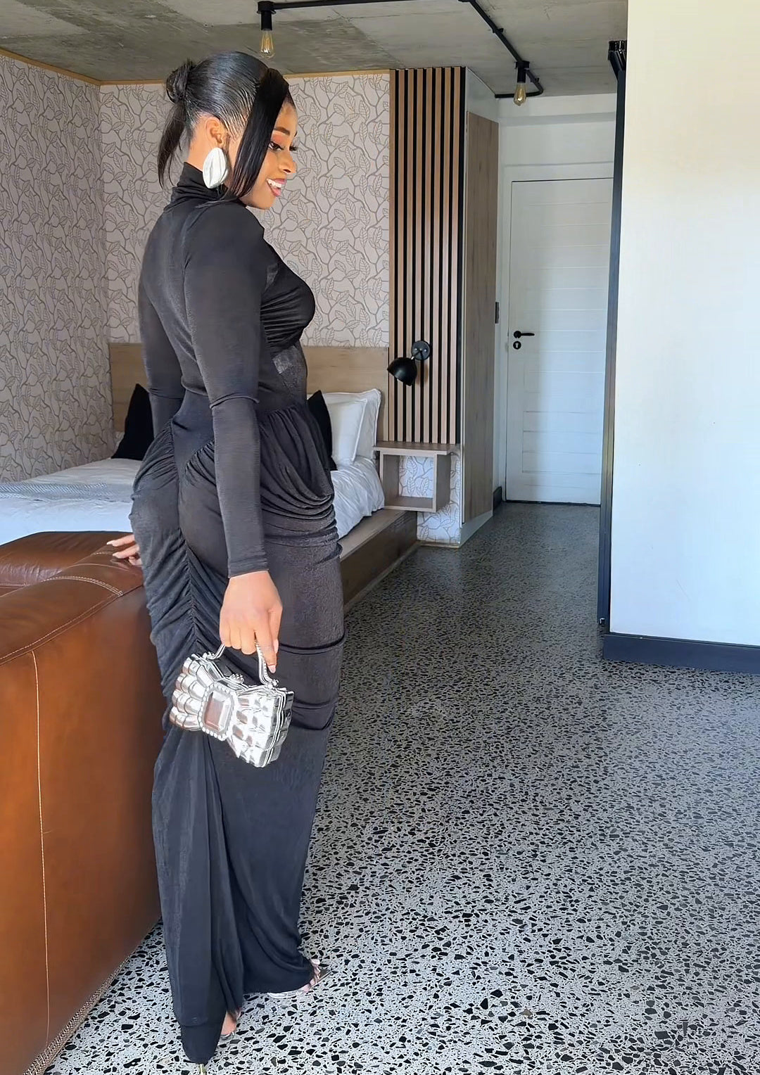 Odette Ruched High-Neck Maxi Dress Black
