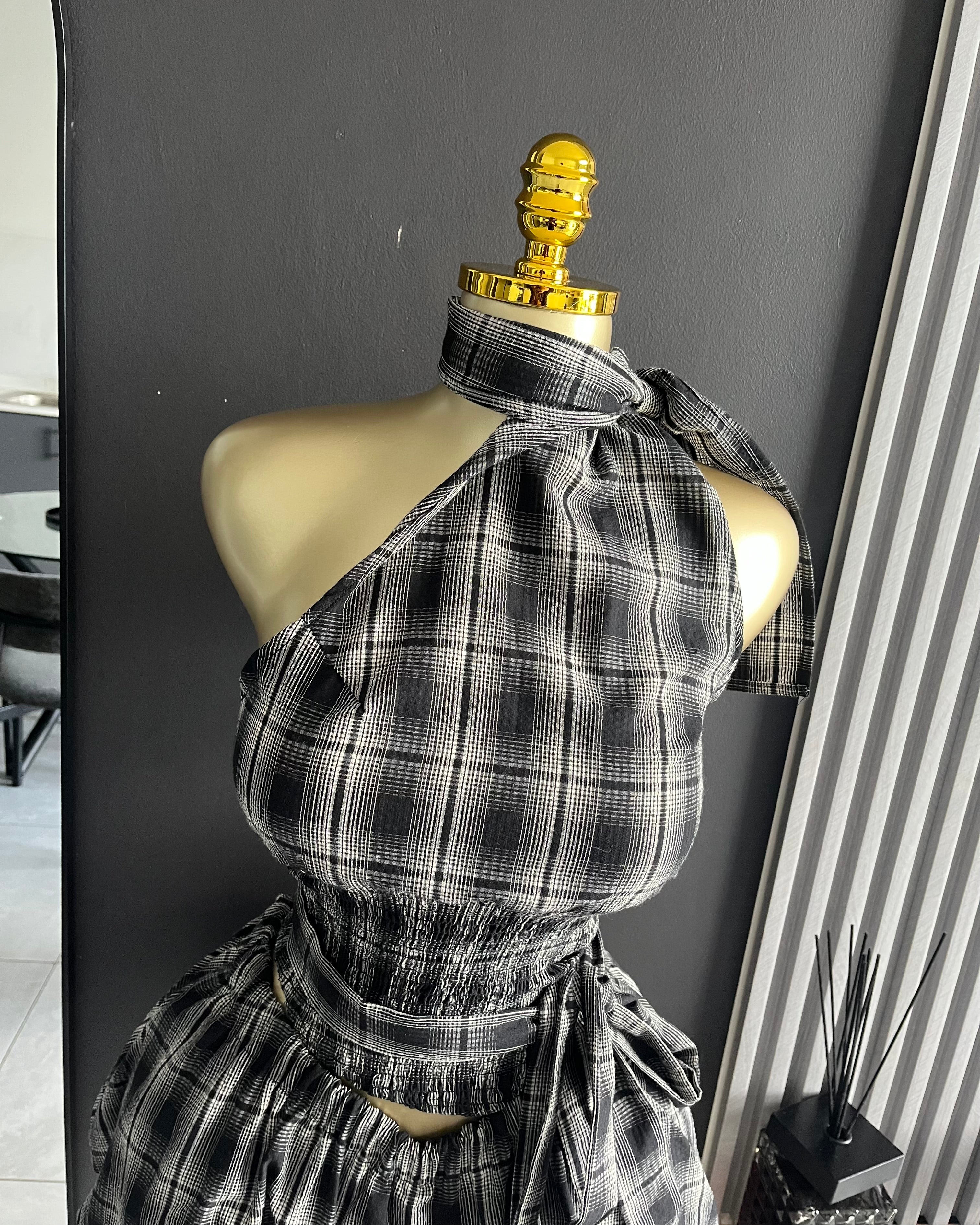 Betty Plaid Halter Ruffle Mini Skirt Set Black