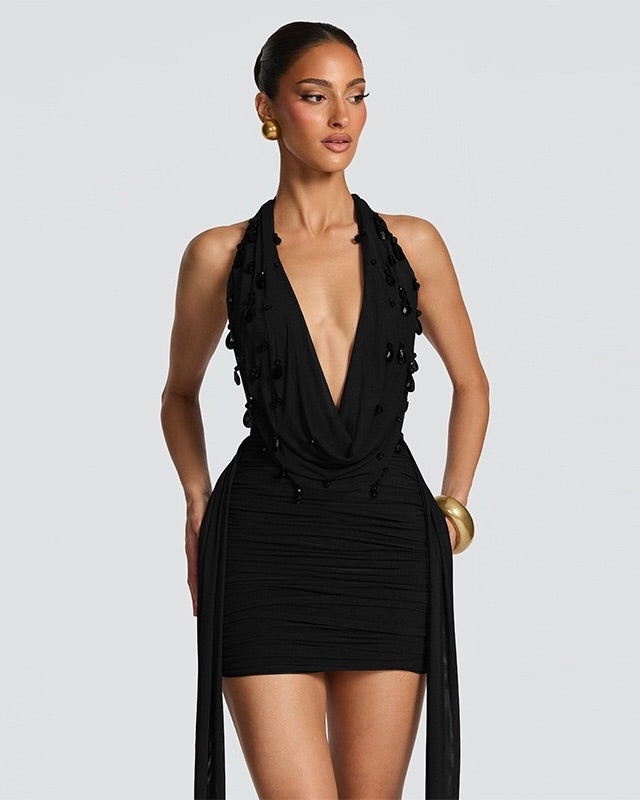 Sienna Embellished Drape Mini Dress Black