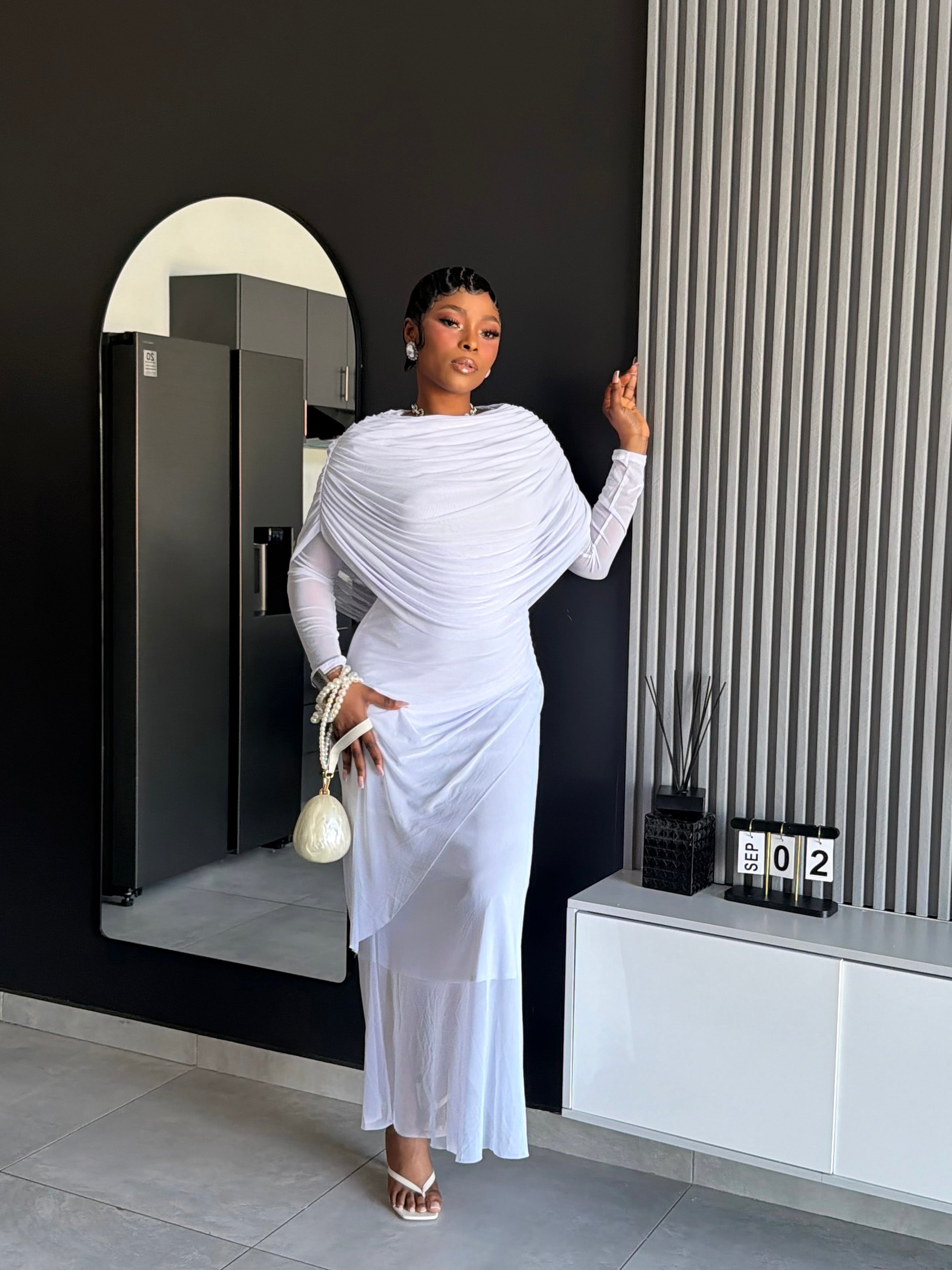 Elaris Draped Pearl Maxi Dress