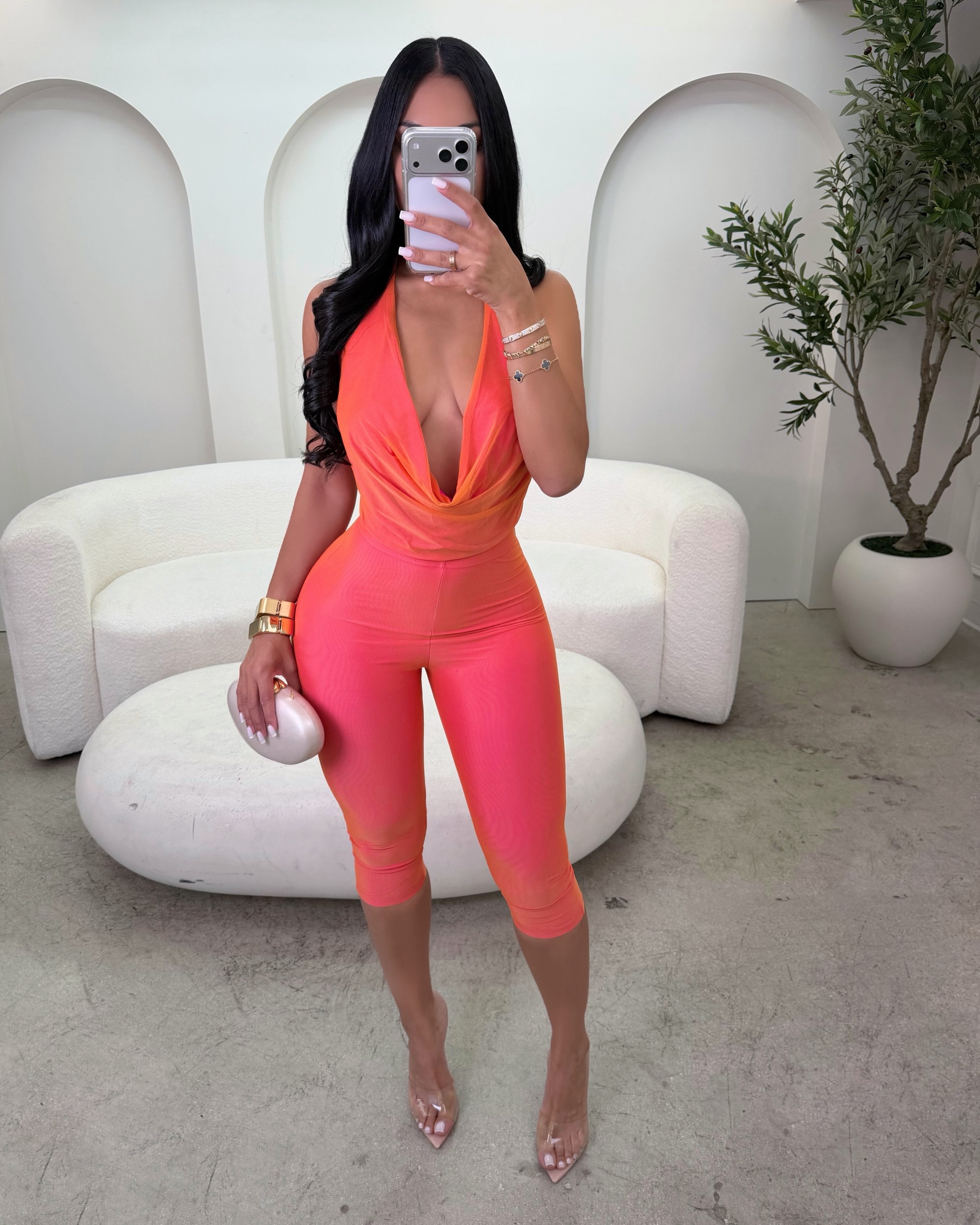 Peaches Cowl Halter Capri Set Coral