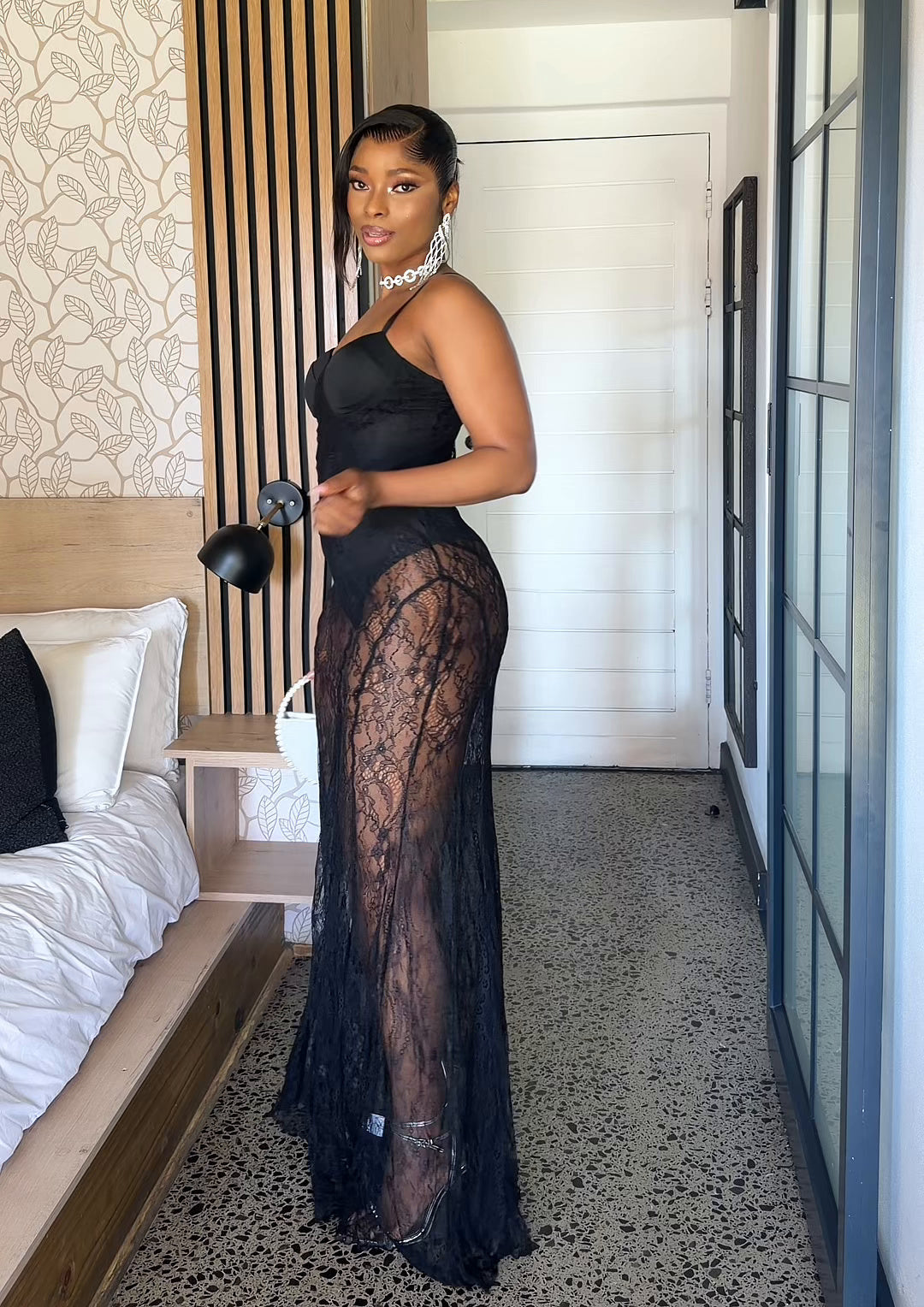 Vienna Sheer Lace Corset Maxi Dress Black