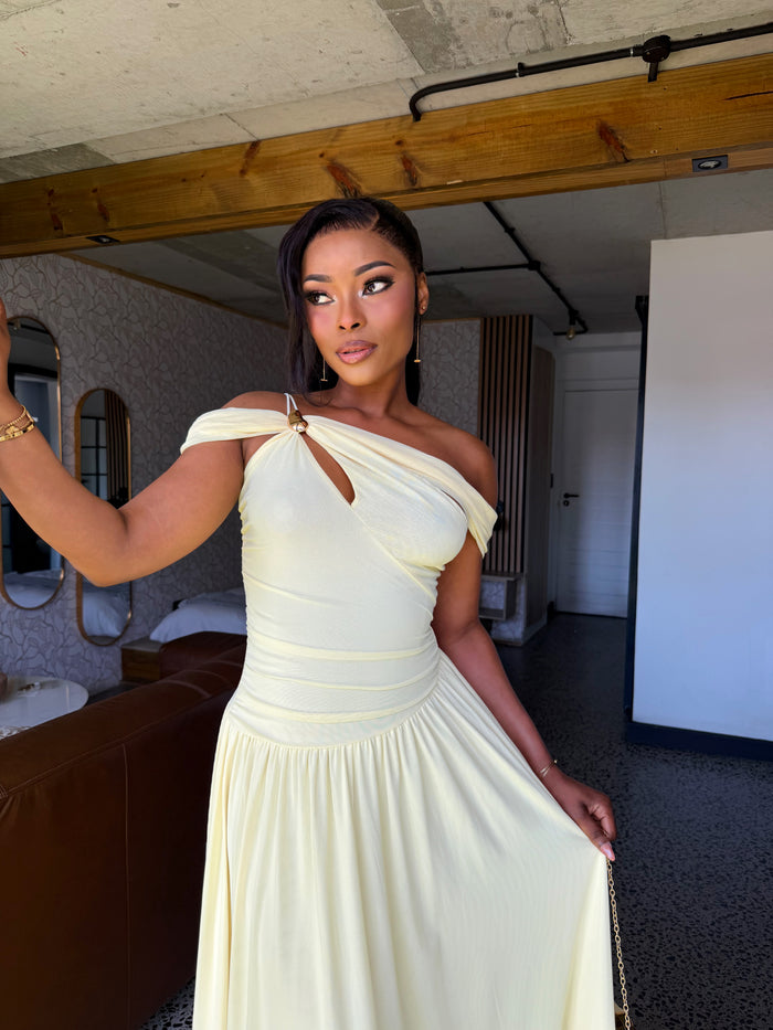 Selene Asymmetric Ruched Maxi Dress Yellow