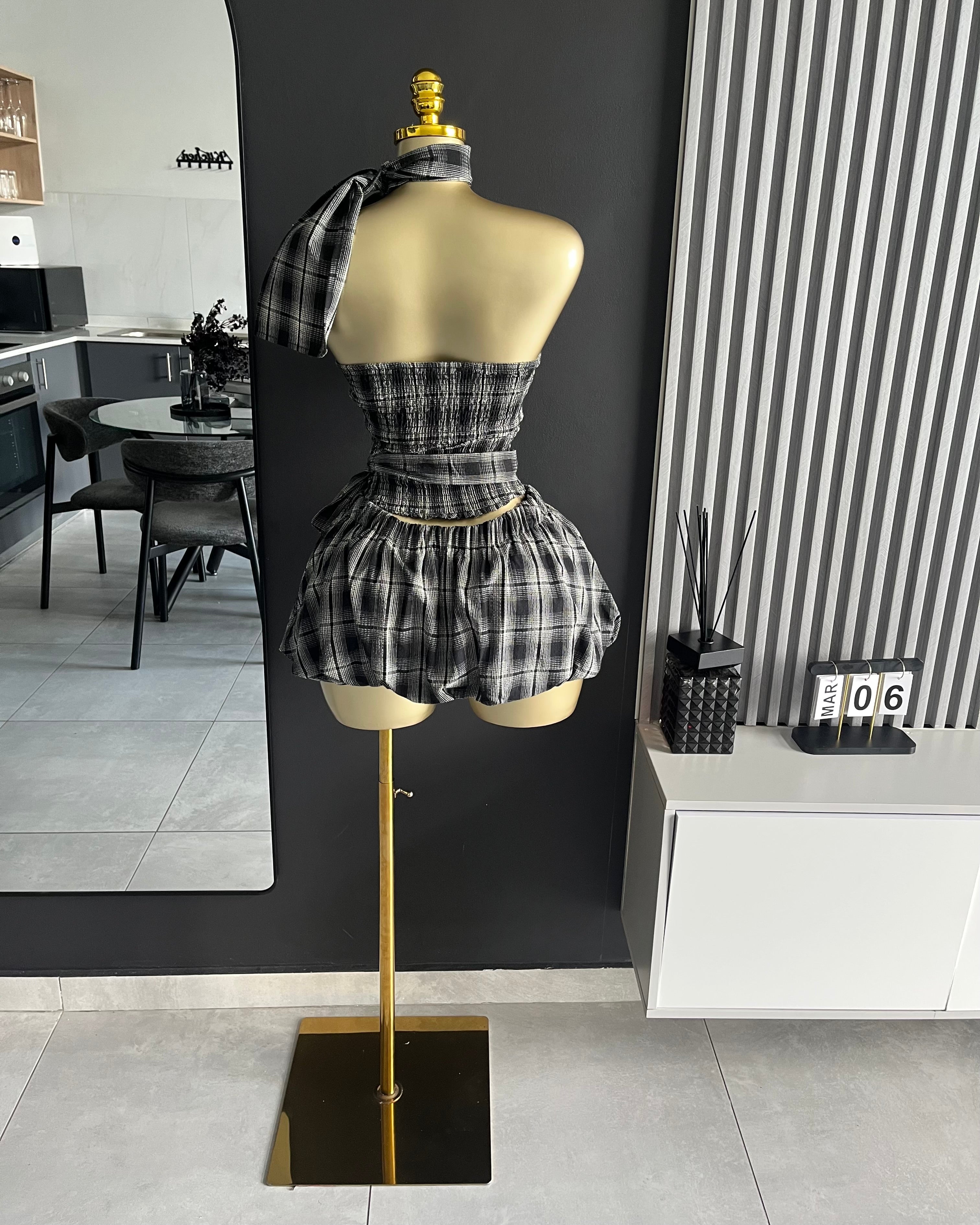 Betty Plaid Halter Ruffle Mini Skirt Set Black