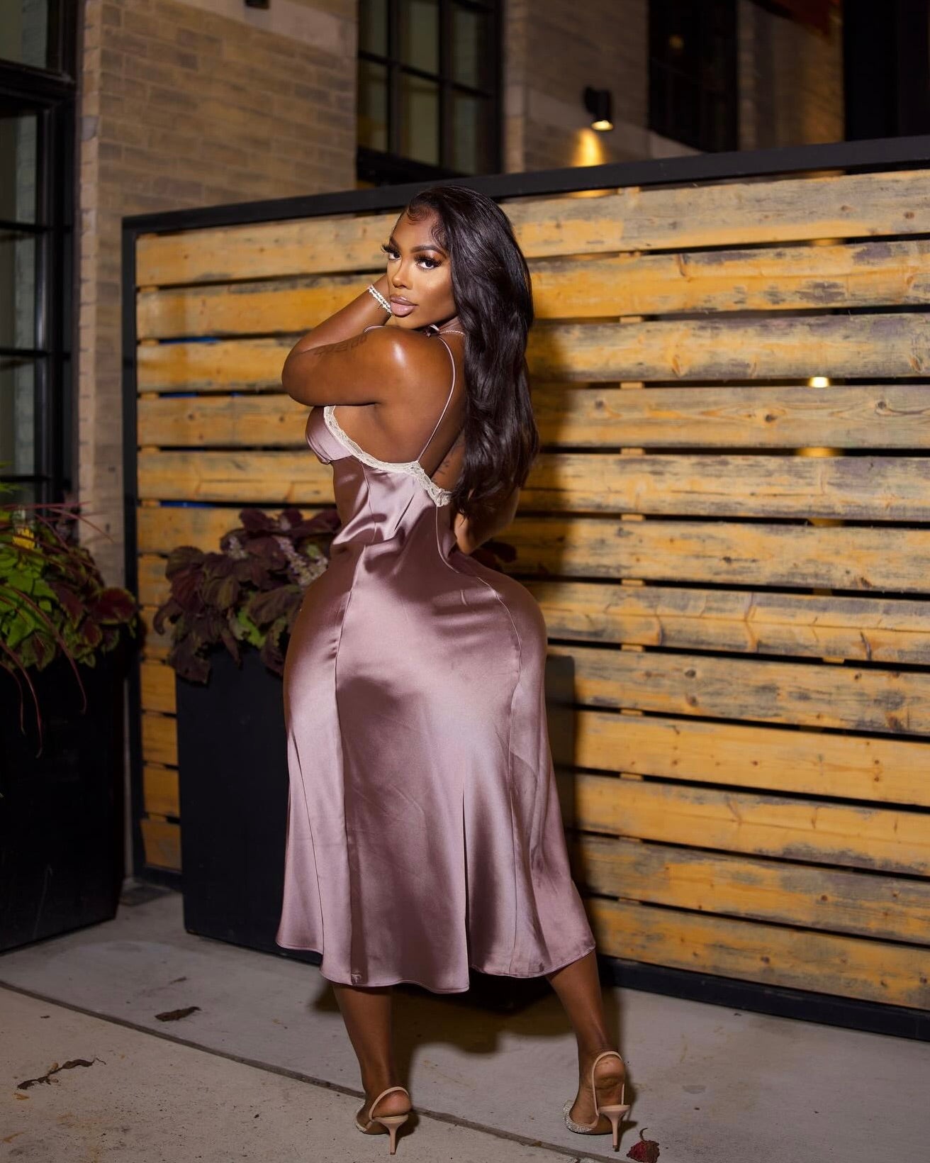 Archieves Satin Lace-Trim Midi Dress