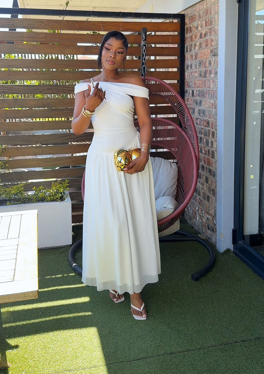 Selene Asymmetric Ruched Maxi Dress White