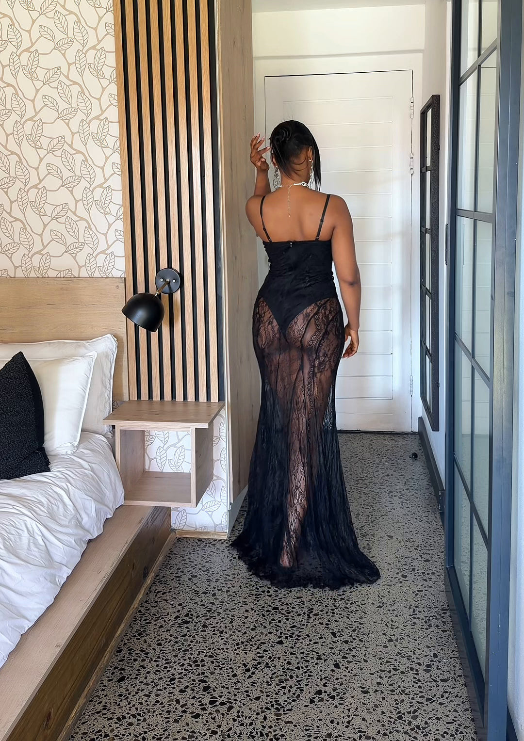 Vienna Sheer Lace Corset Maxi Dress Black