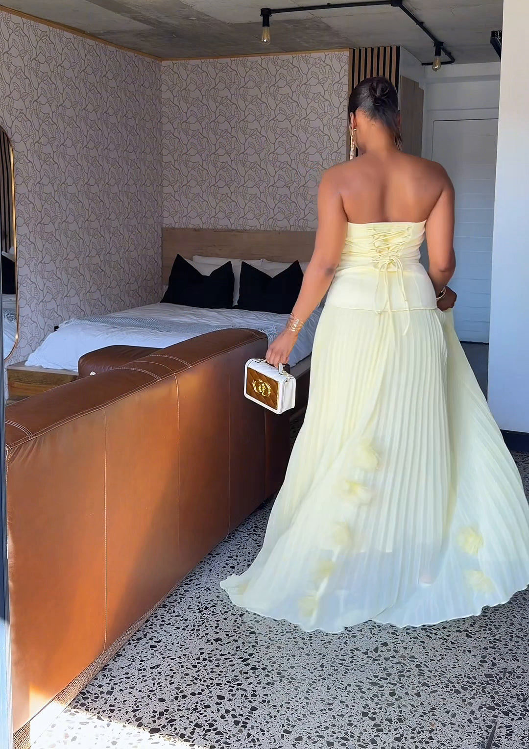 Royale Pleated Flower Hem Gown Yellow