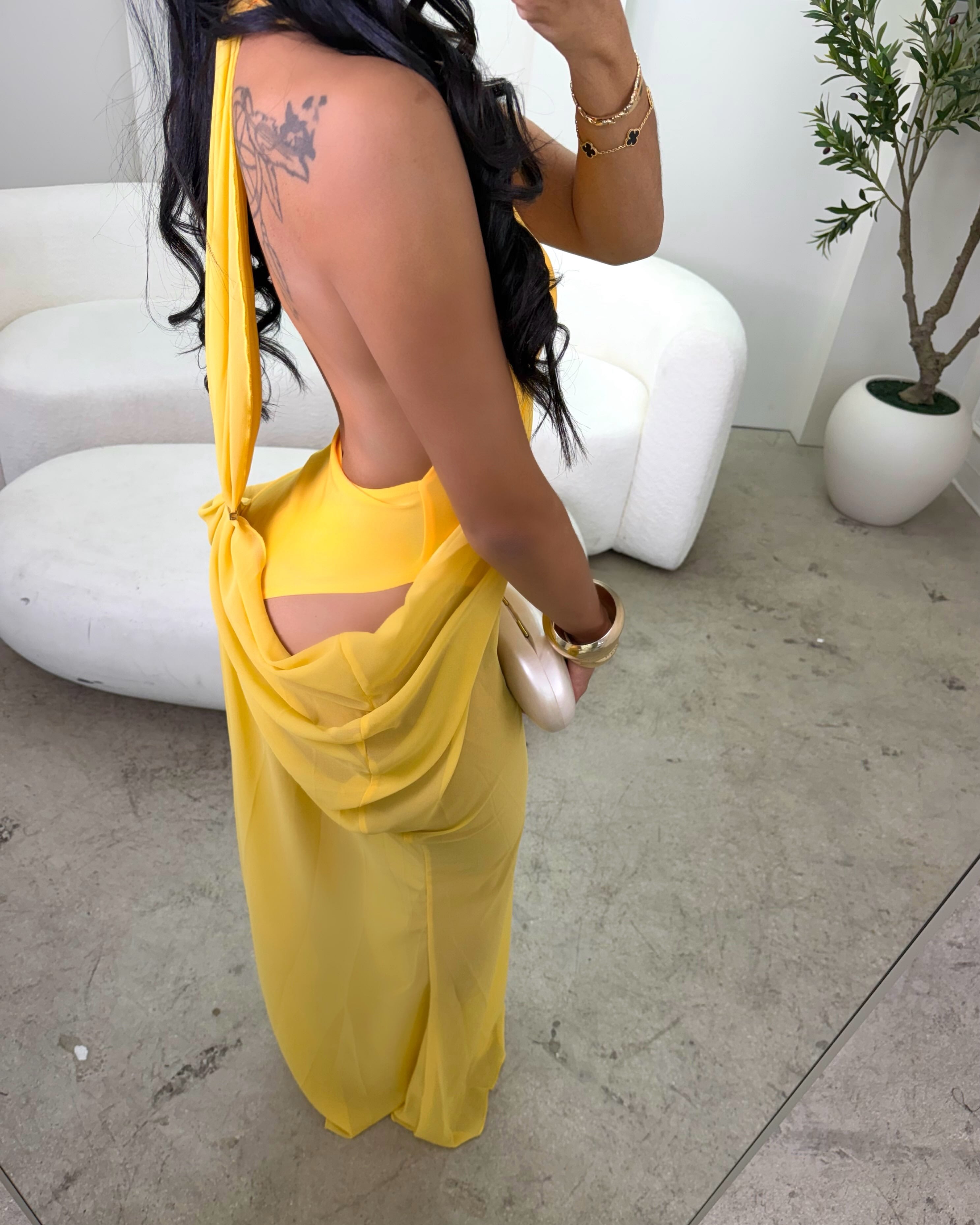 Marigold Draped Halter Maxi Dress Yellow