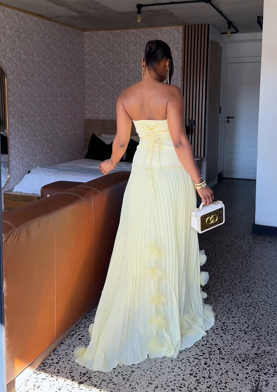 Royale Pleated Flower Hem Gown Yellow