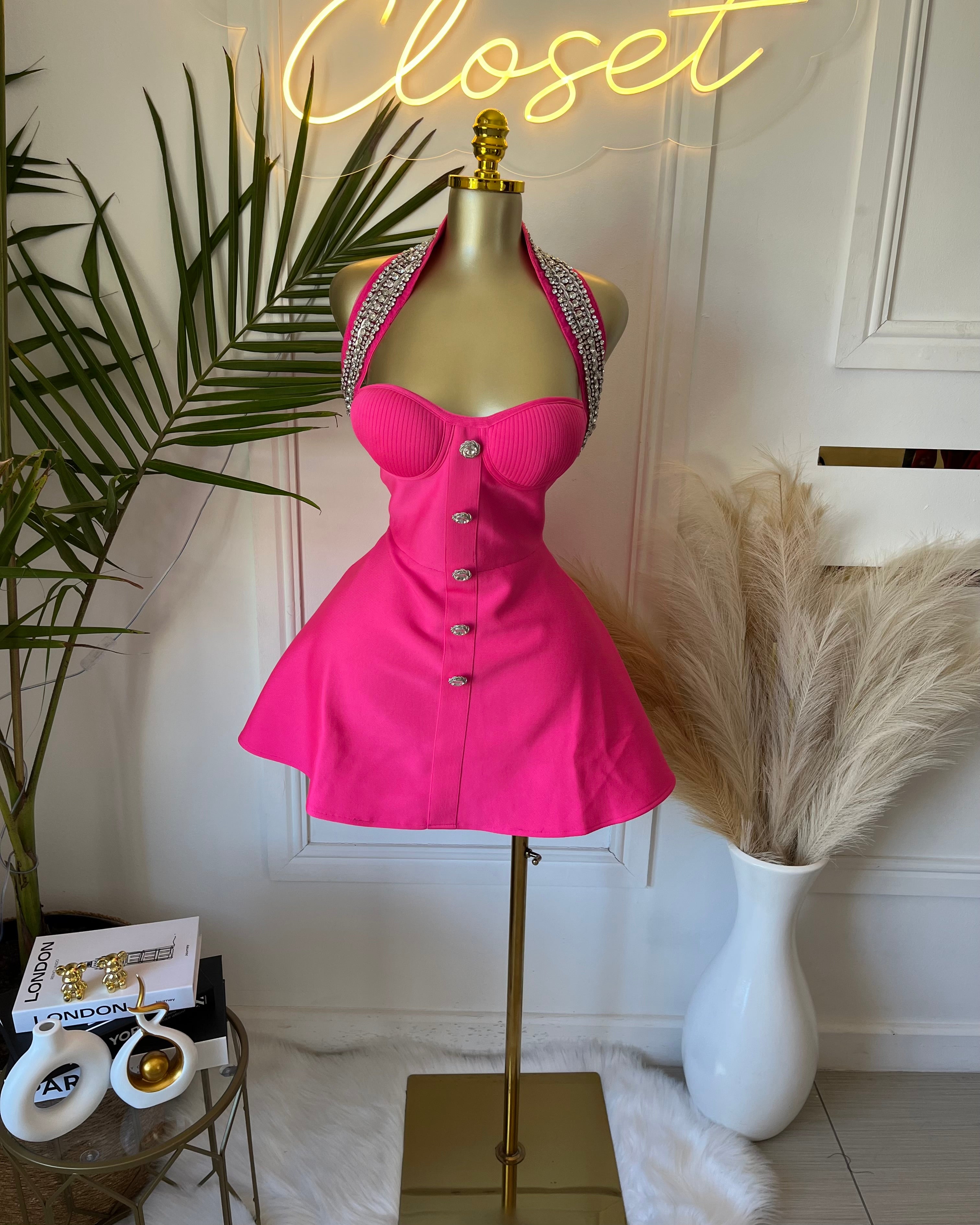 Vera Hot Pink Embellished Halter Mini Dress