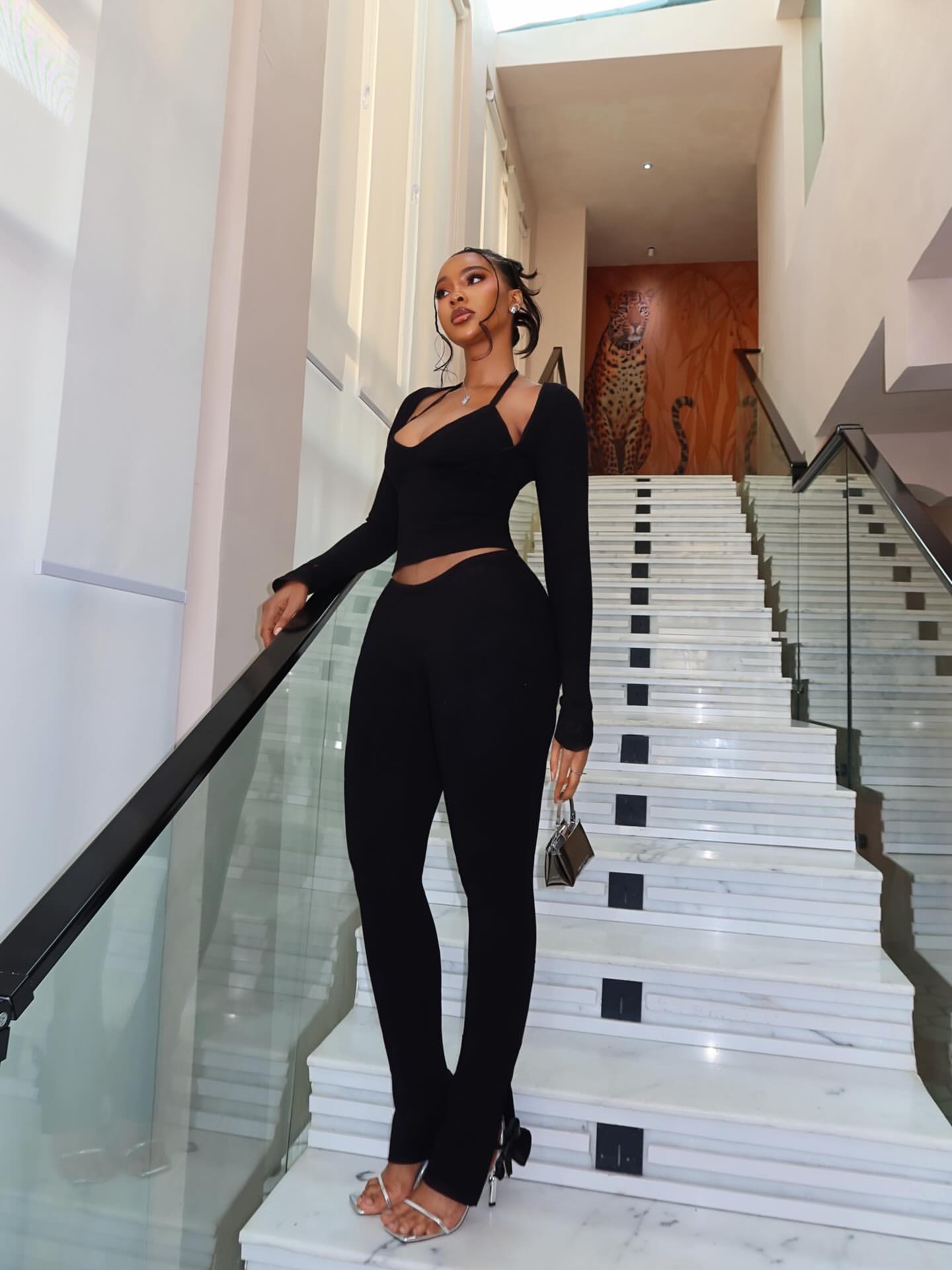 Ivana Plunge Crop Top & Pants Set Black