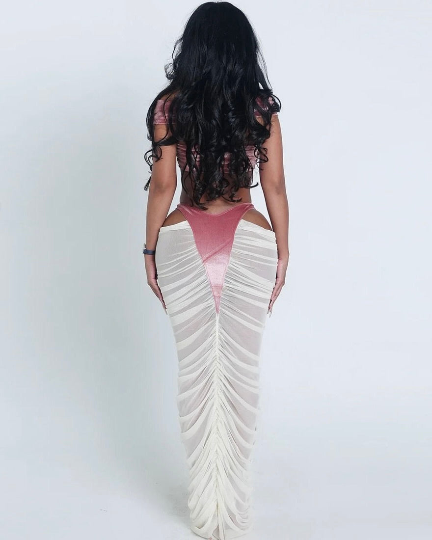 Kiaro Sheer Ruched Skirt Set Pink