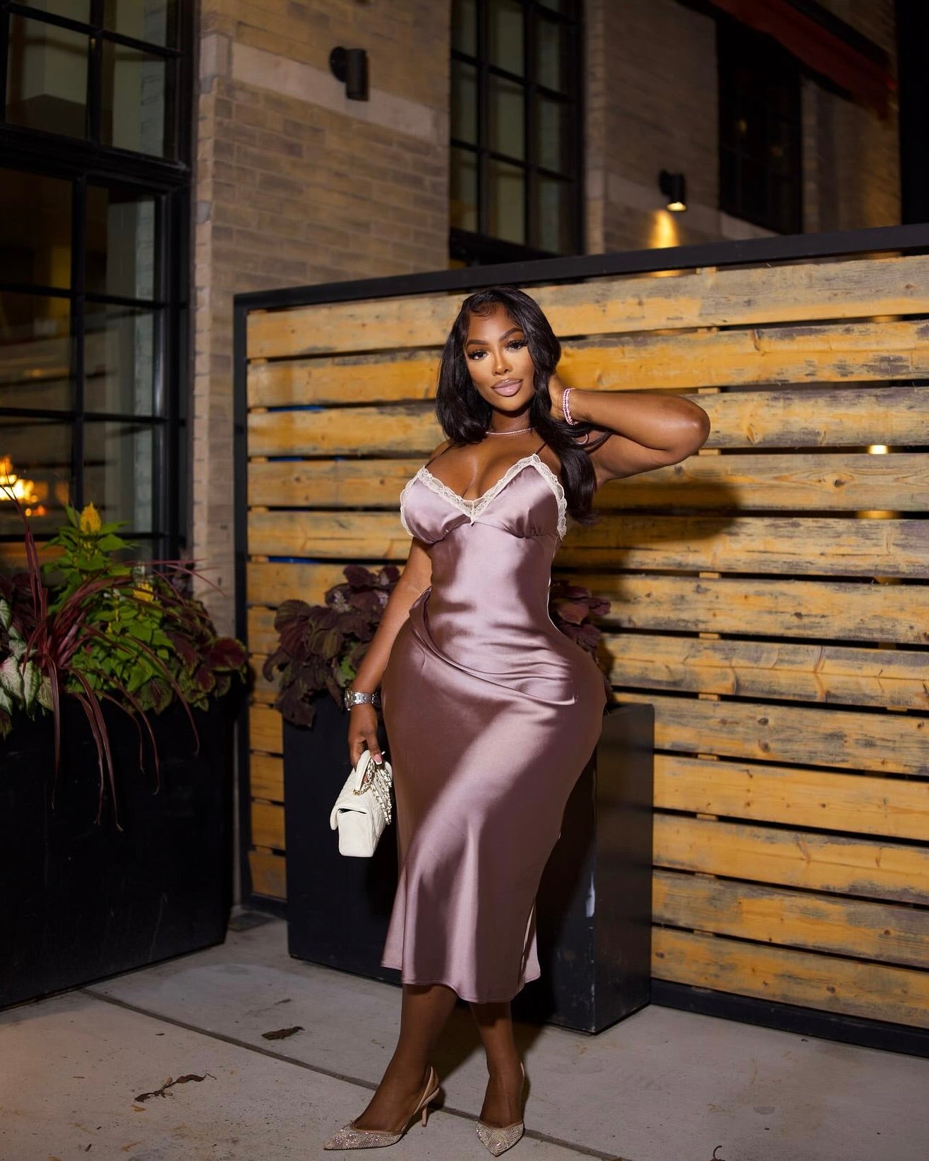 Archieves Satin Lace-Trim Midi Dress