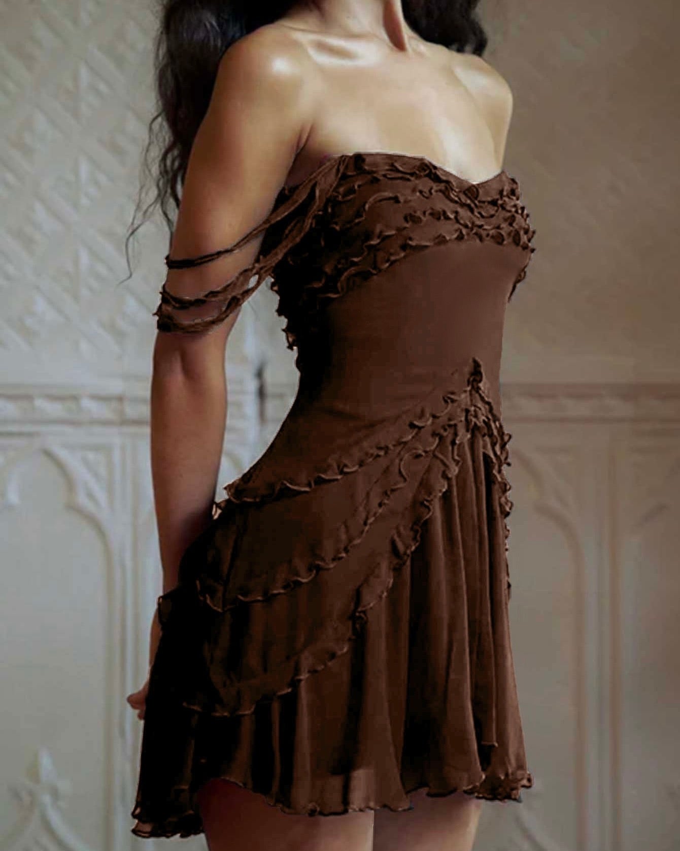 Kendra Ruffle Mesh Strapless Mini Dress