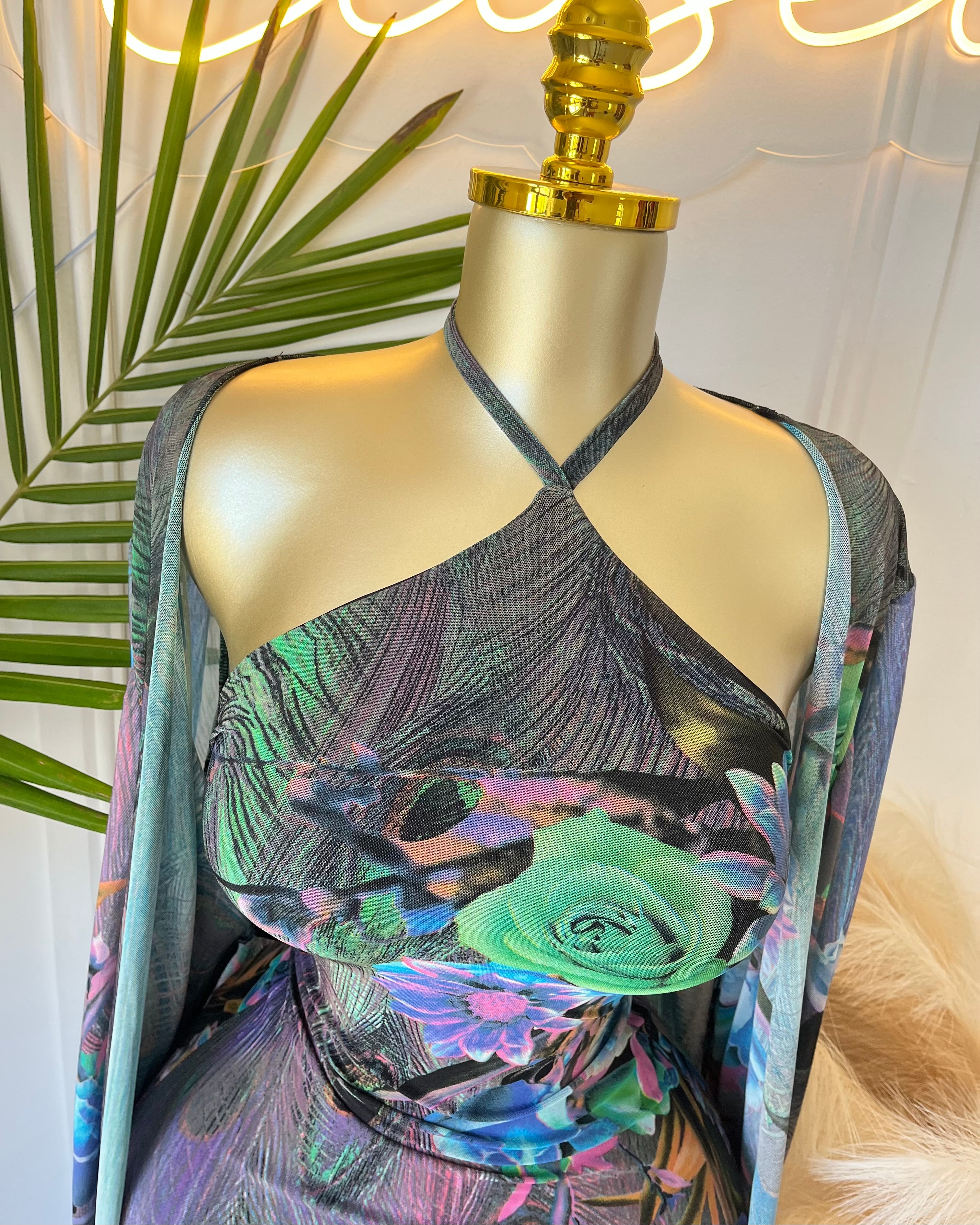 Aurelia Peacock Mesh Maxi Dress