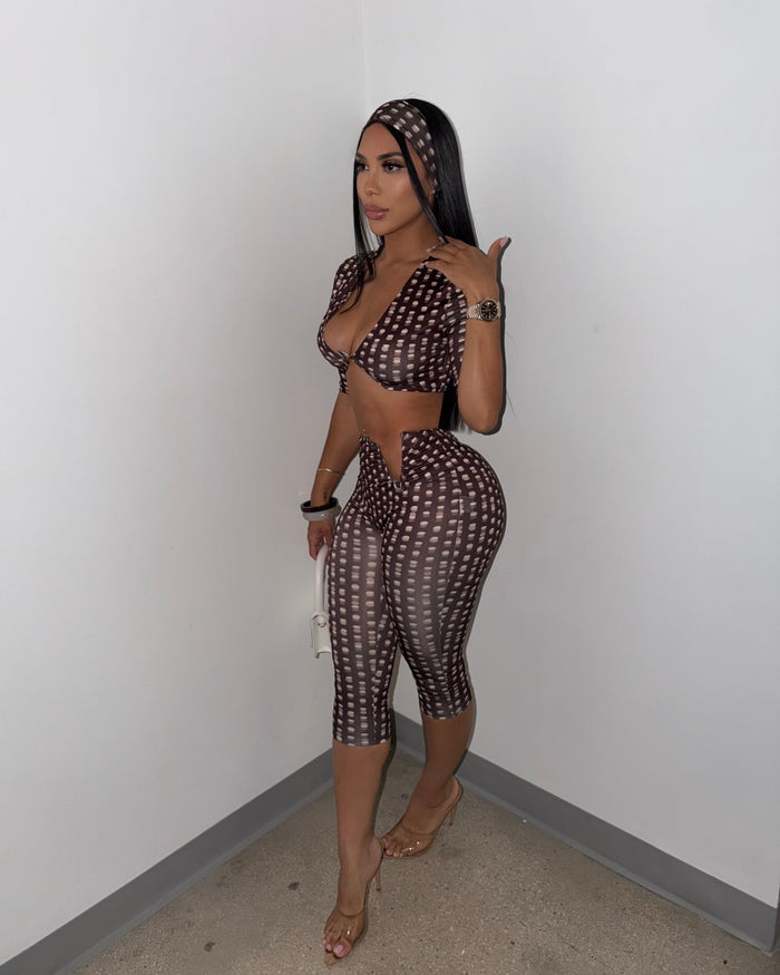 Mocha Print Cut-Out Capri Set Brown