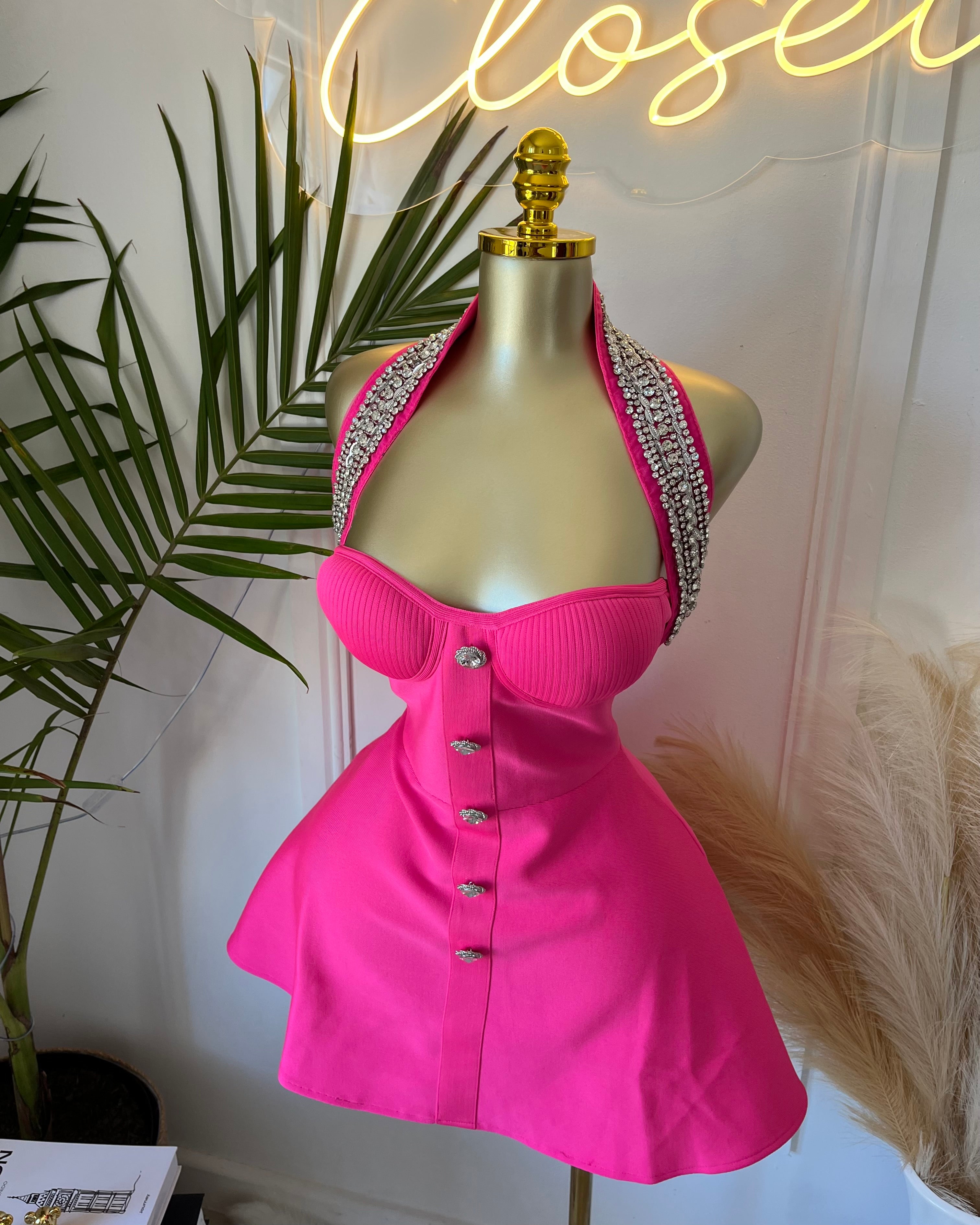 Vera Hot Pink Embellished Halter Mini Dress