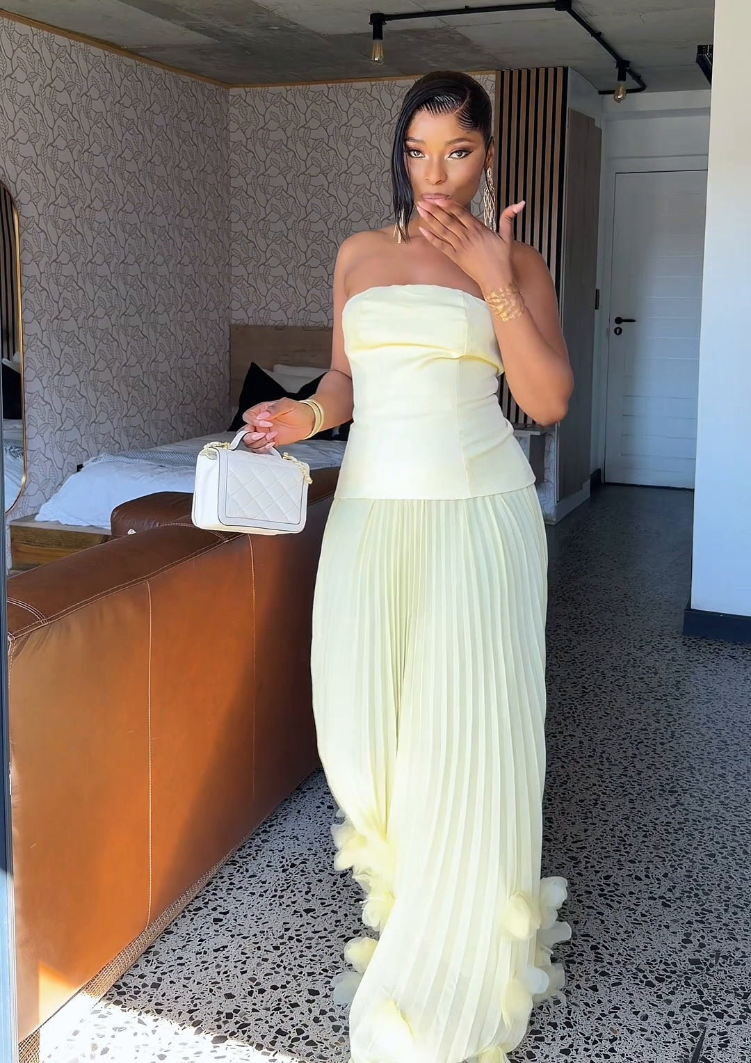 Royale Pleated Flower Hem Gown Yellow