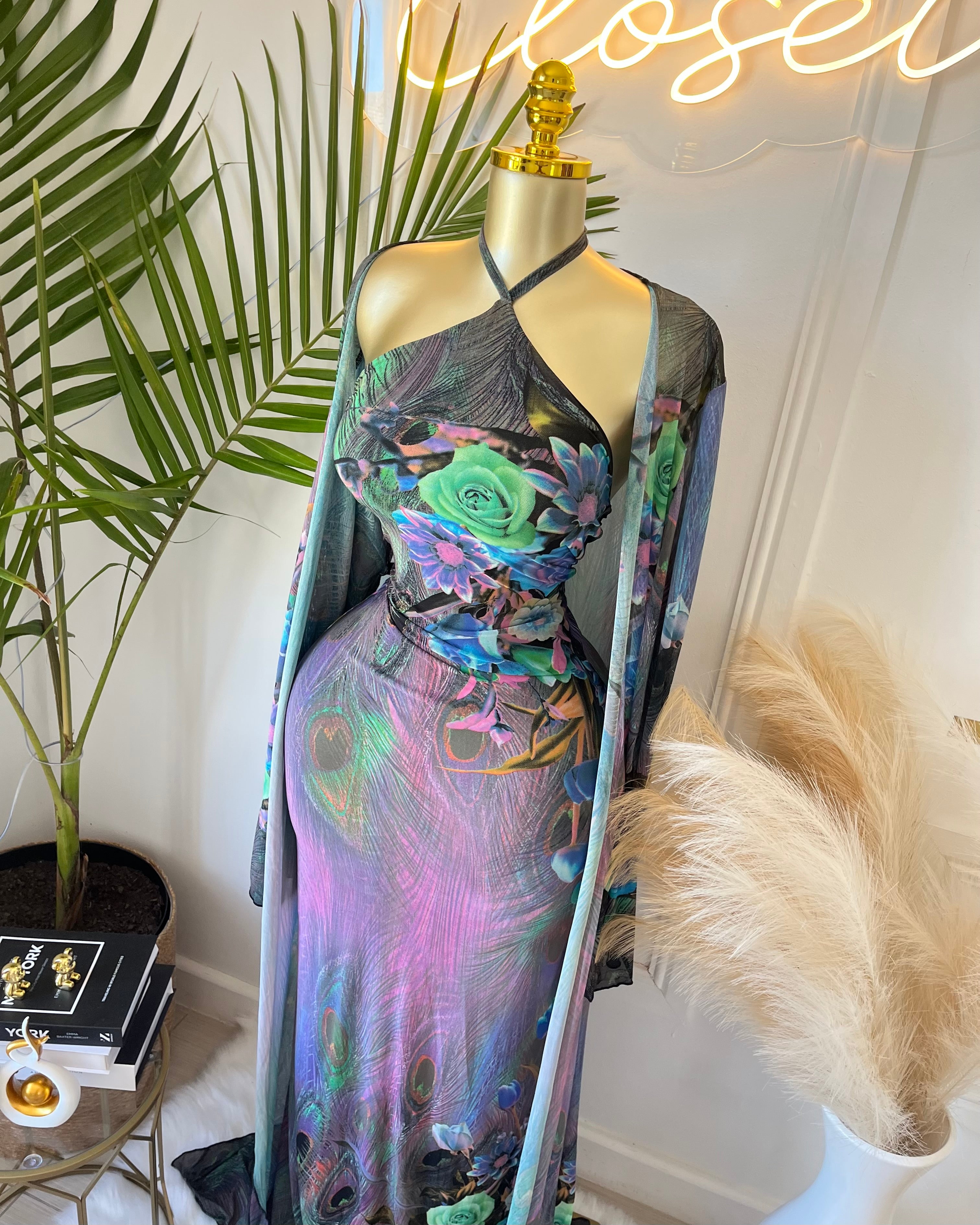 Aurelia Peacock Mesh Maxi Dress