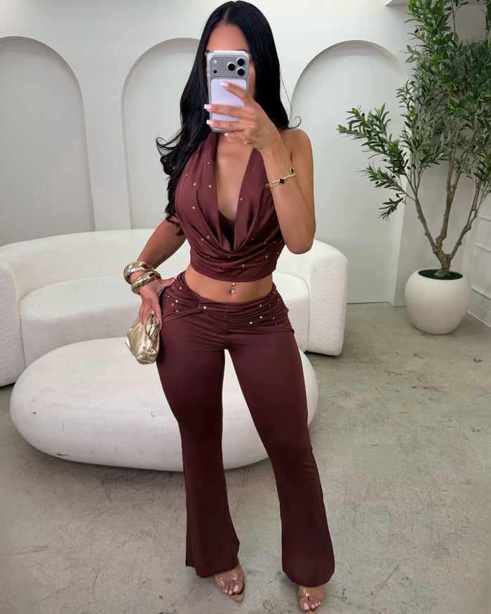 Kaliyah Studded Cowl Halter Flare Set Brown