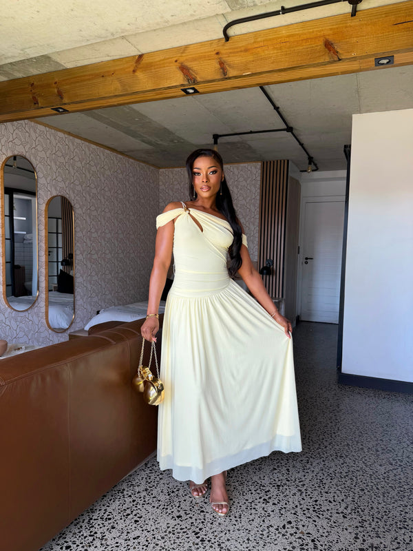 Selene Asymmetric Ruched Maxi Dress Yellow