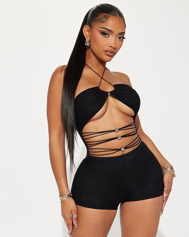 Midnight Lace-Up Romper