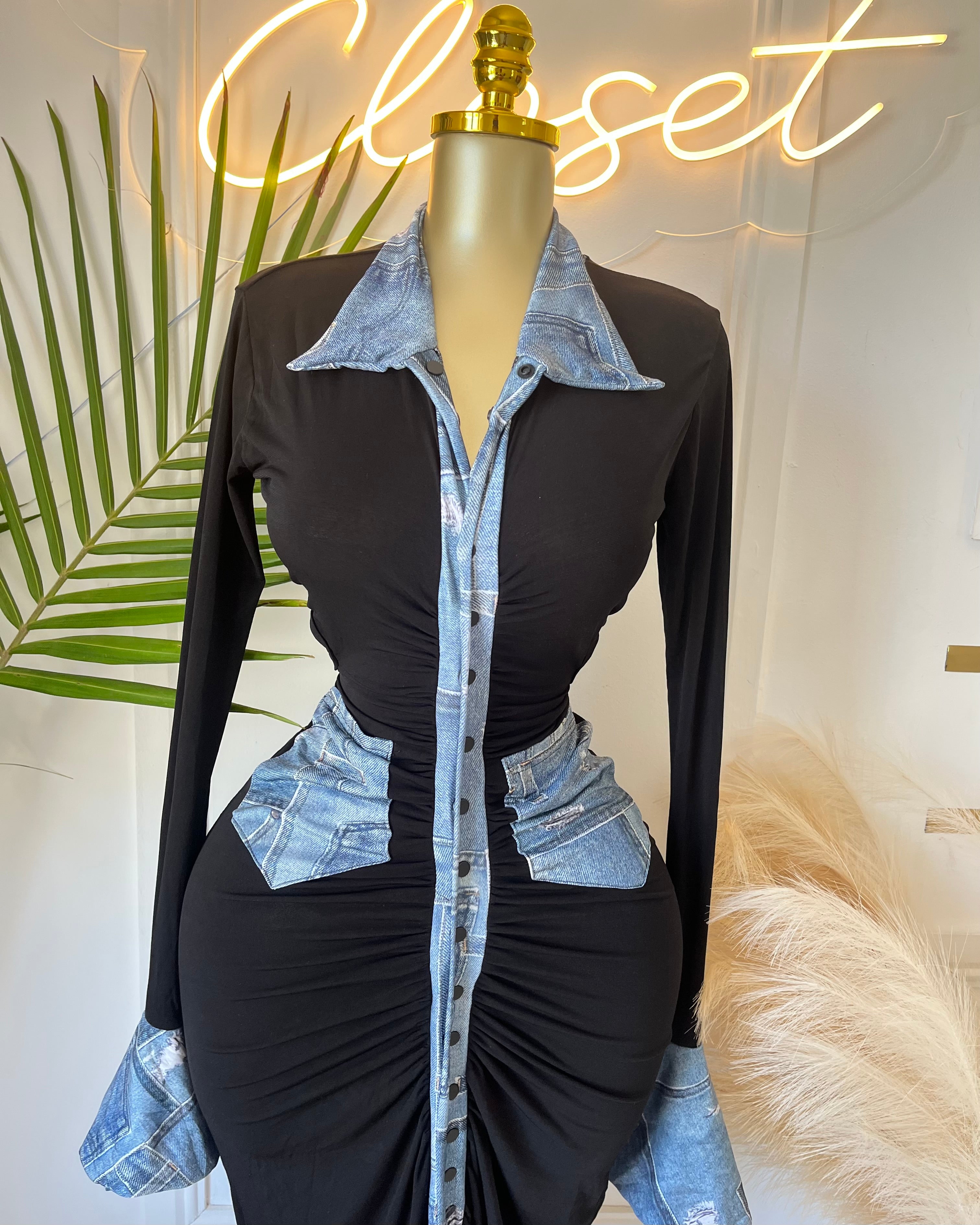 Elara Denim-Trim Sculpted Maxi Dress