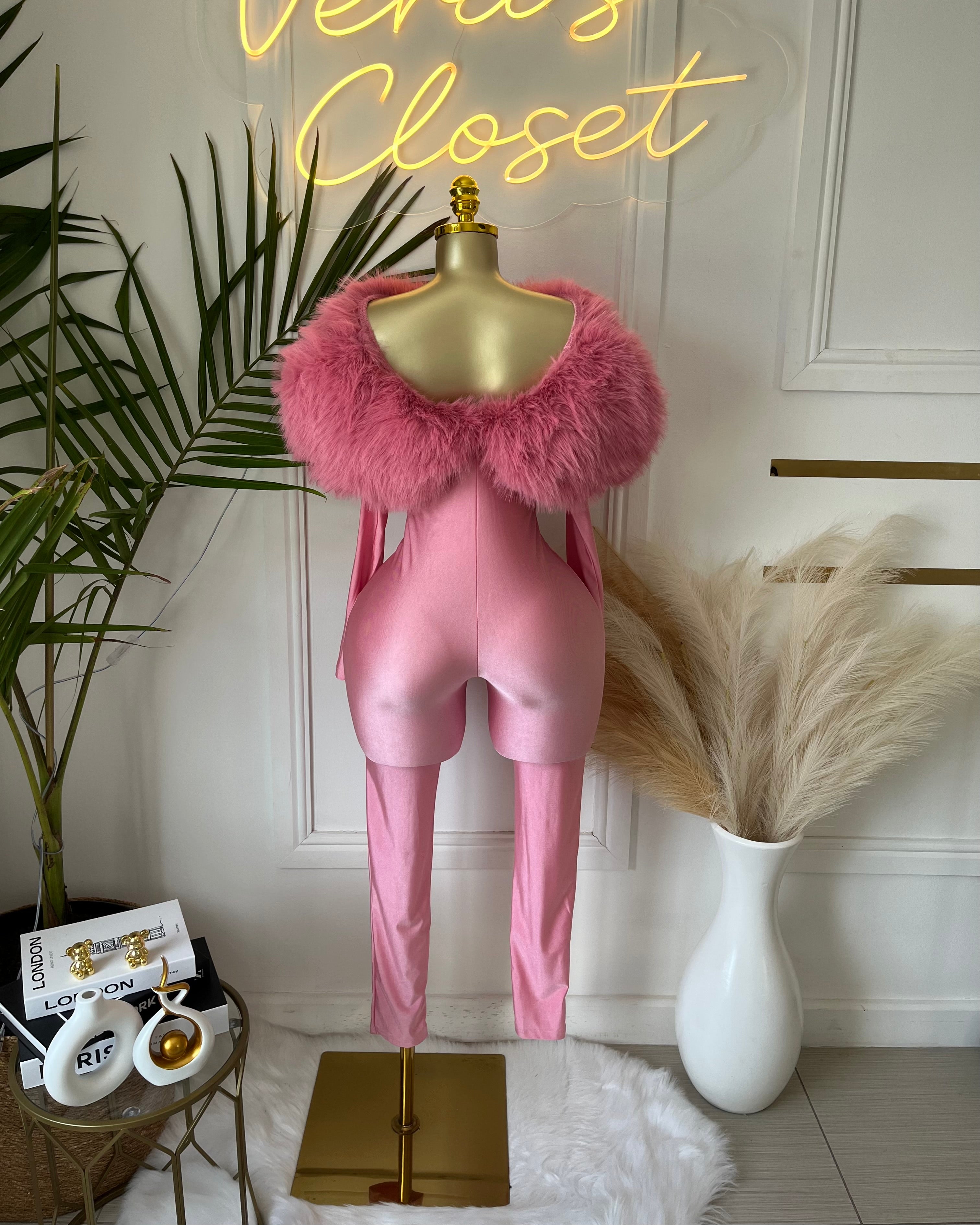 Really Pink Feather Trim Jumpsuit