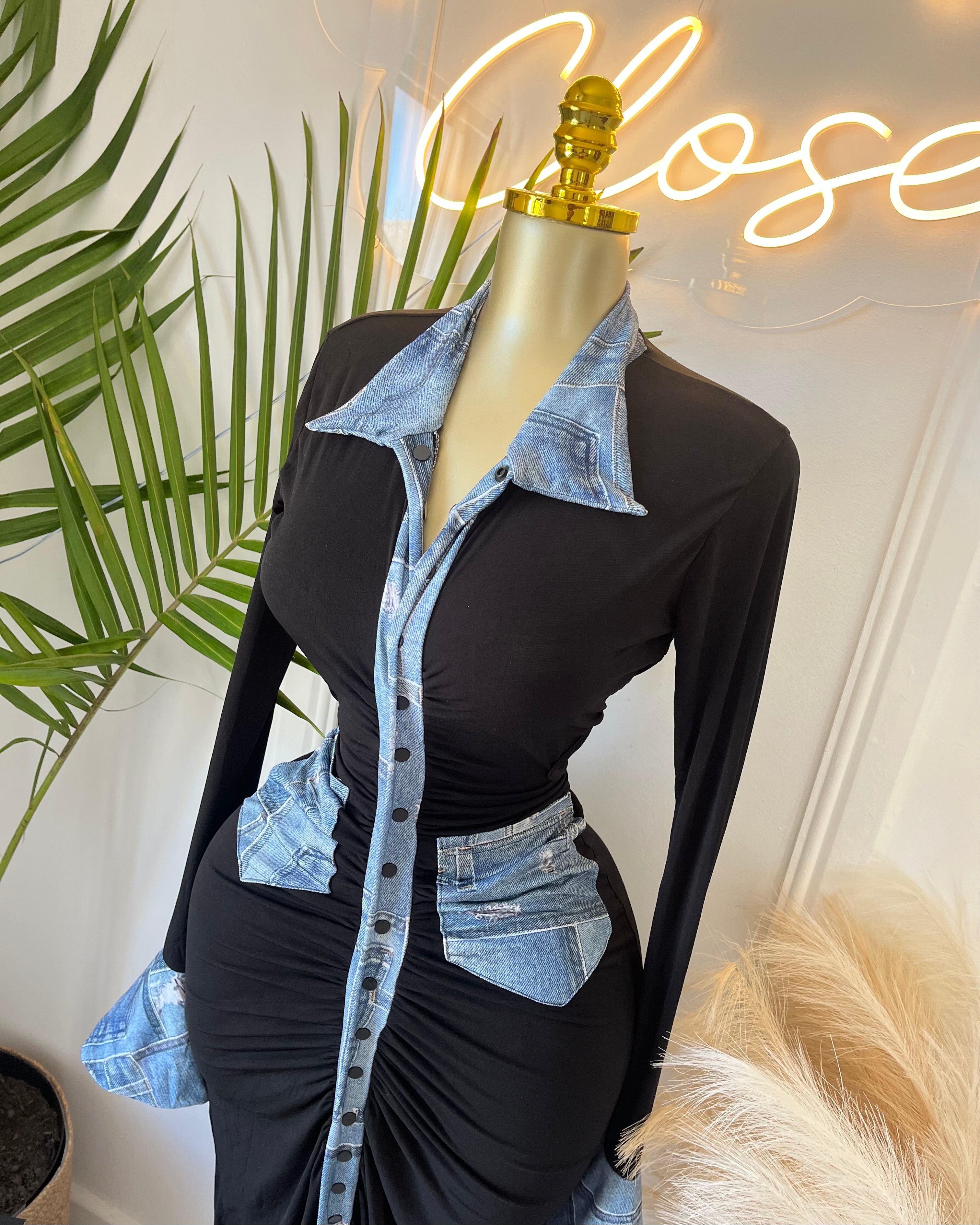 Elara Denim-Trim Sculpted Maxi Dress