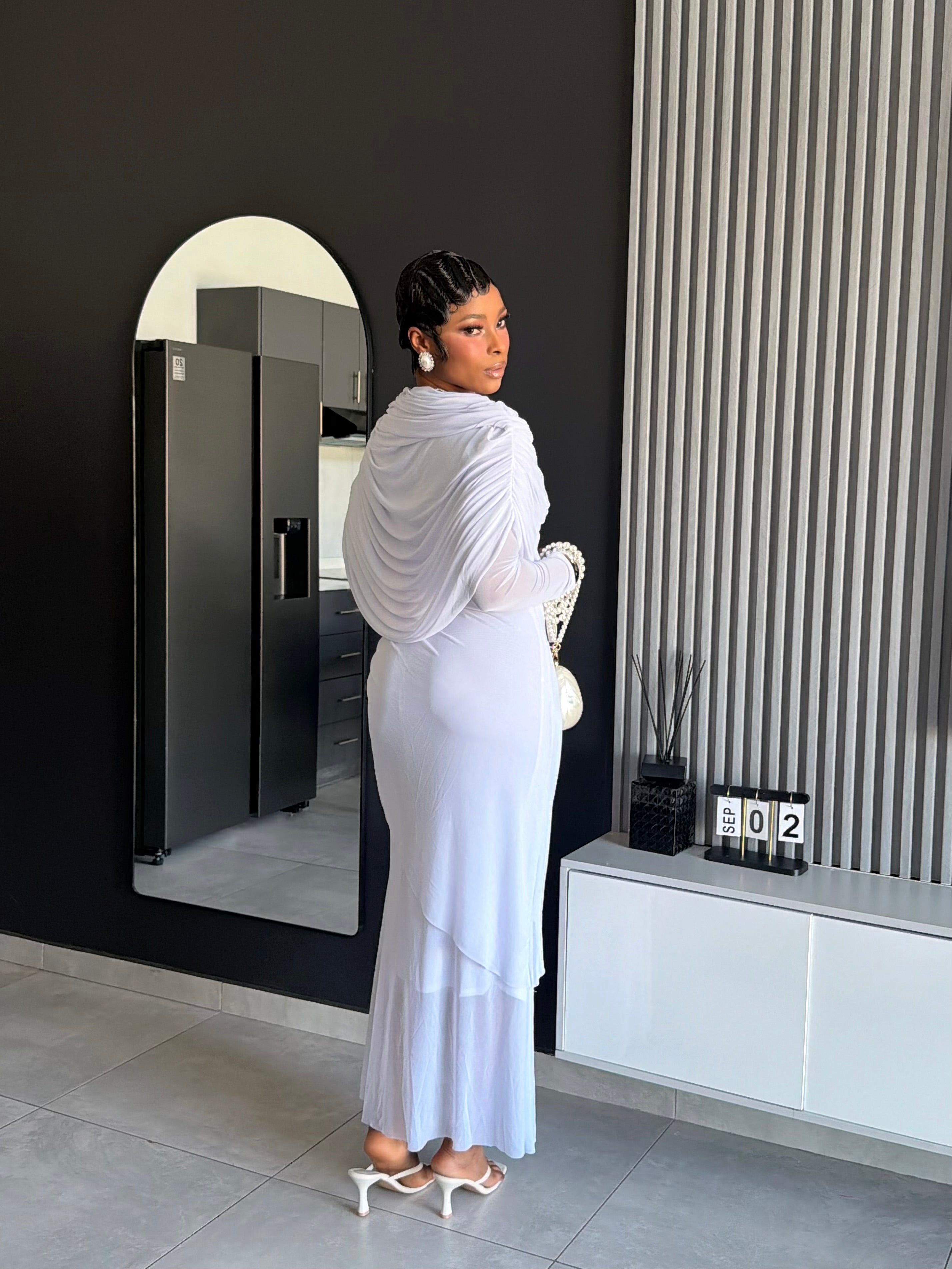 Elaris Draped Pearl Maxi Dress