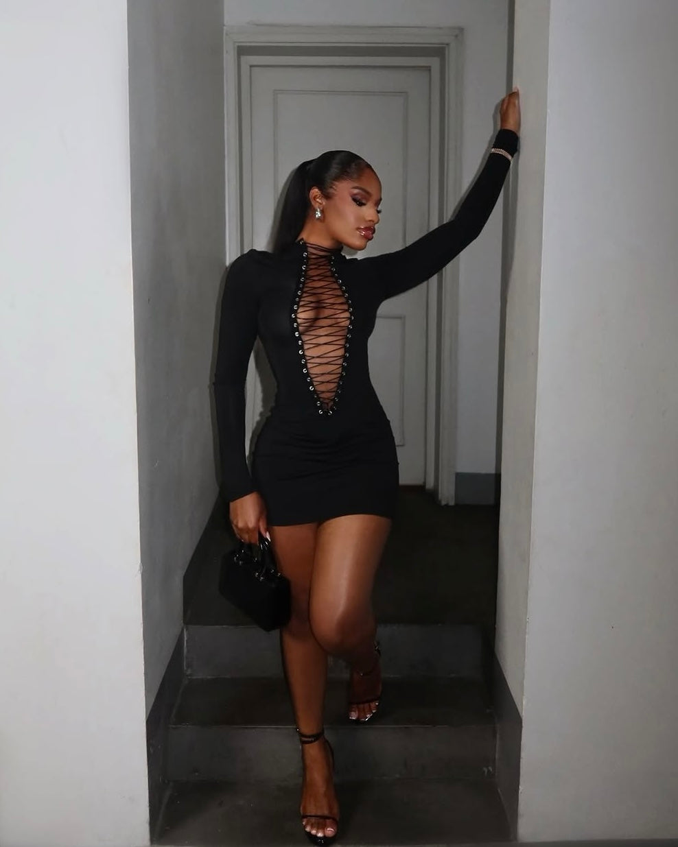 Erina Lace-Up Plunge Mini Dress