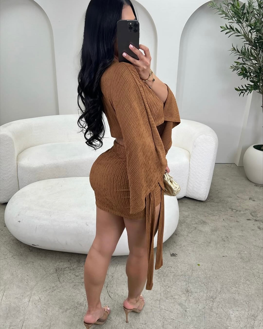 Diya One Shoulder Wrap Skirt Set Brown