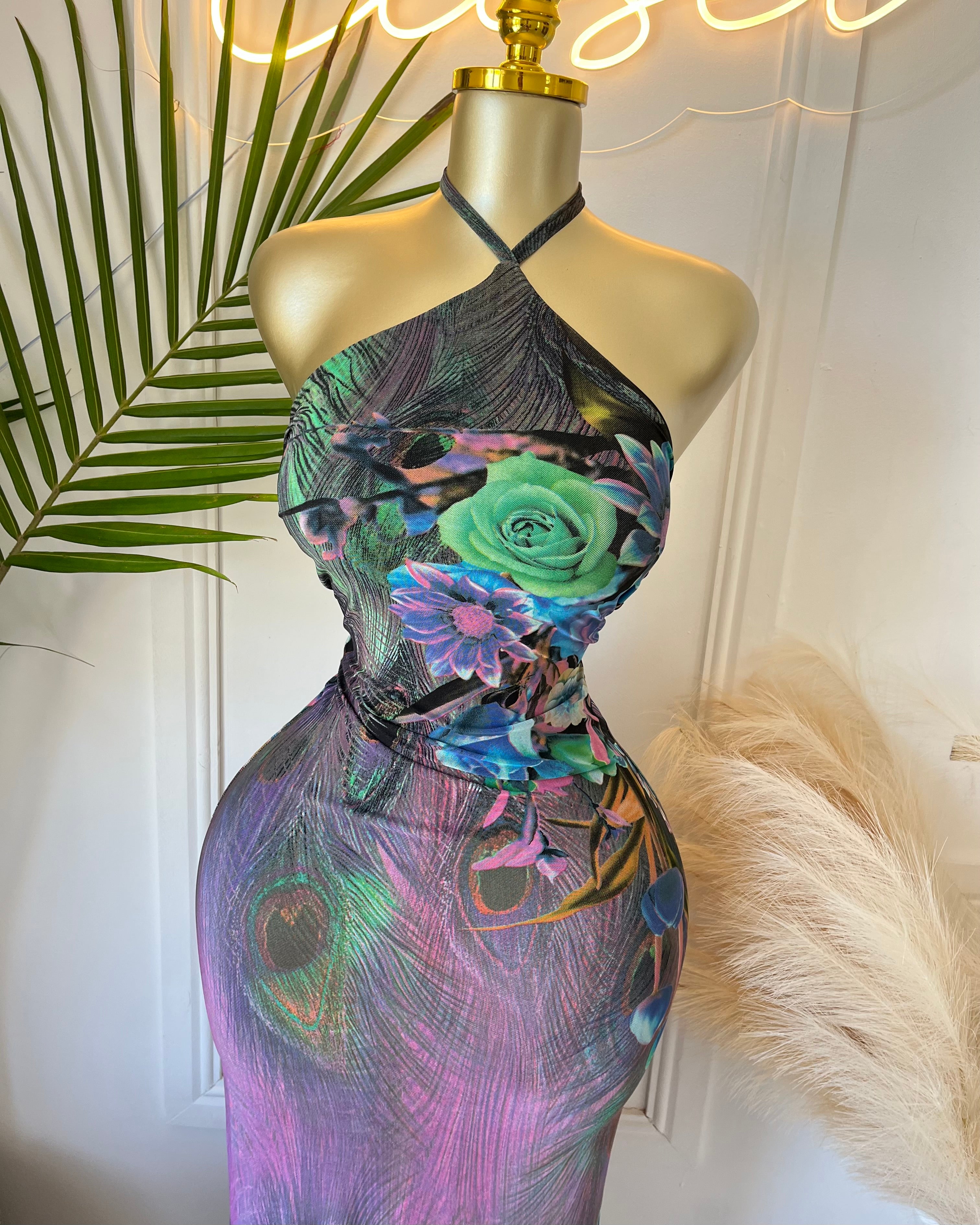 Aurelia Peacock Mesh Maxi Dress