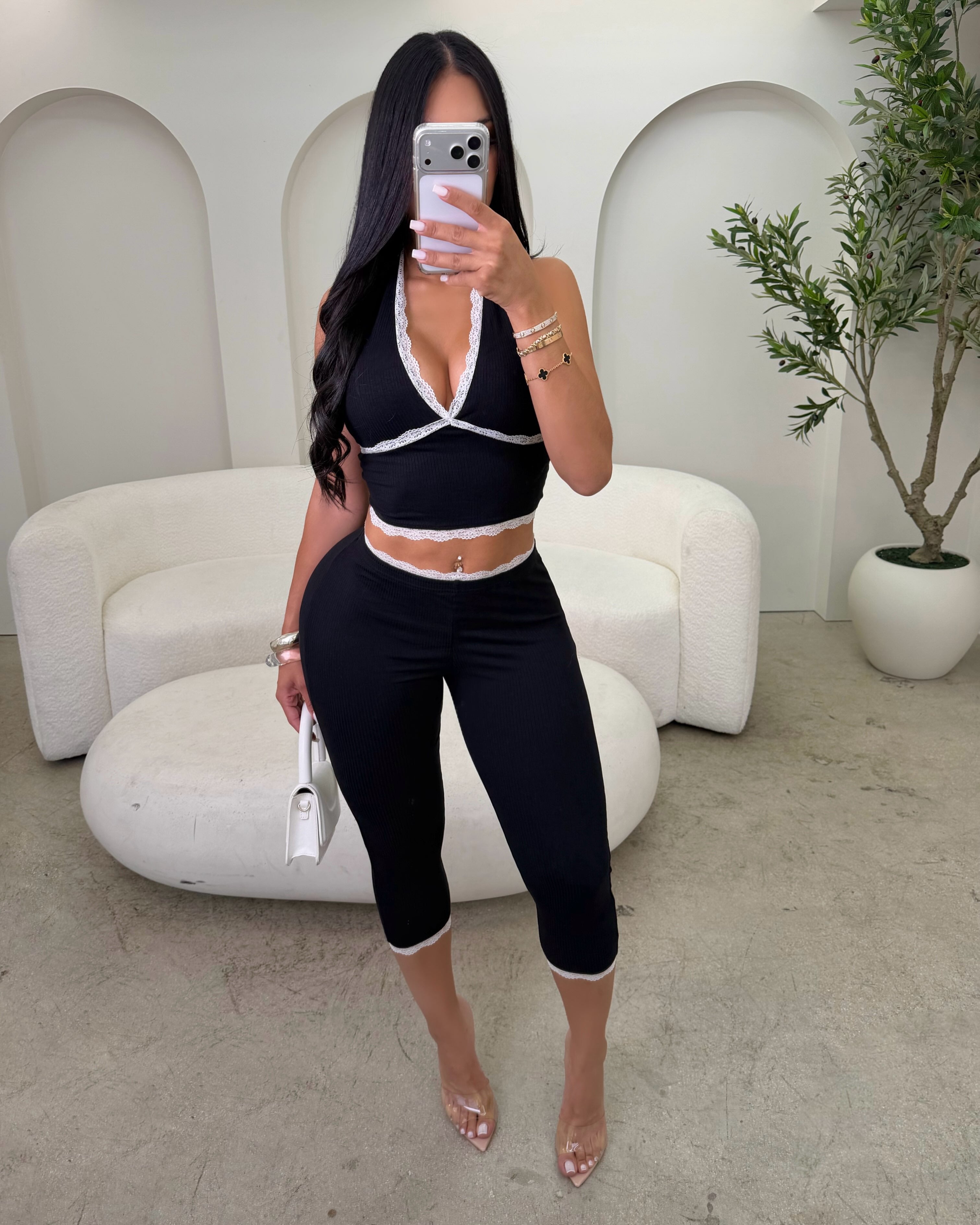 Imani Lace Trim Halter Leggings Set Black