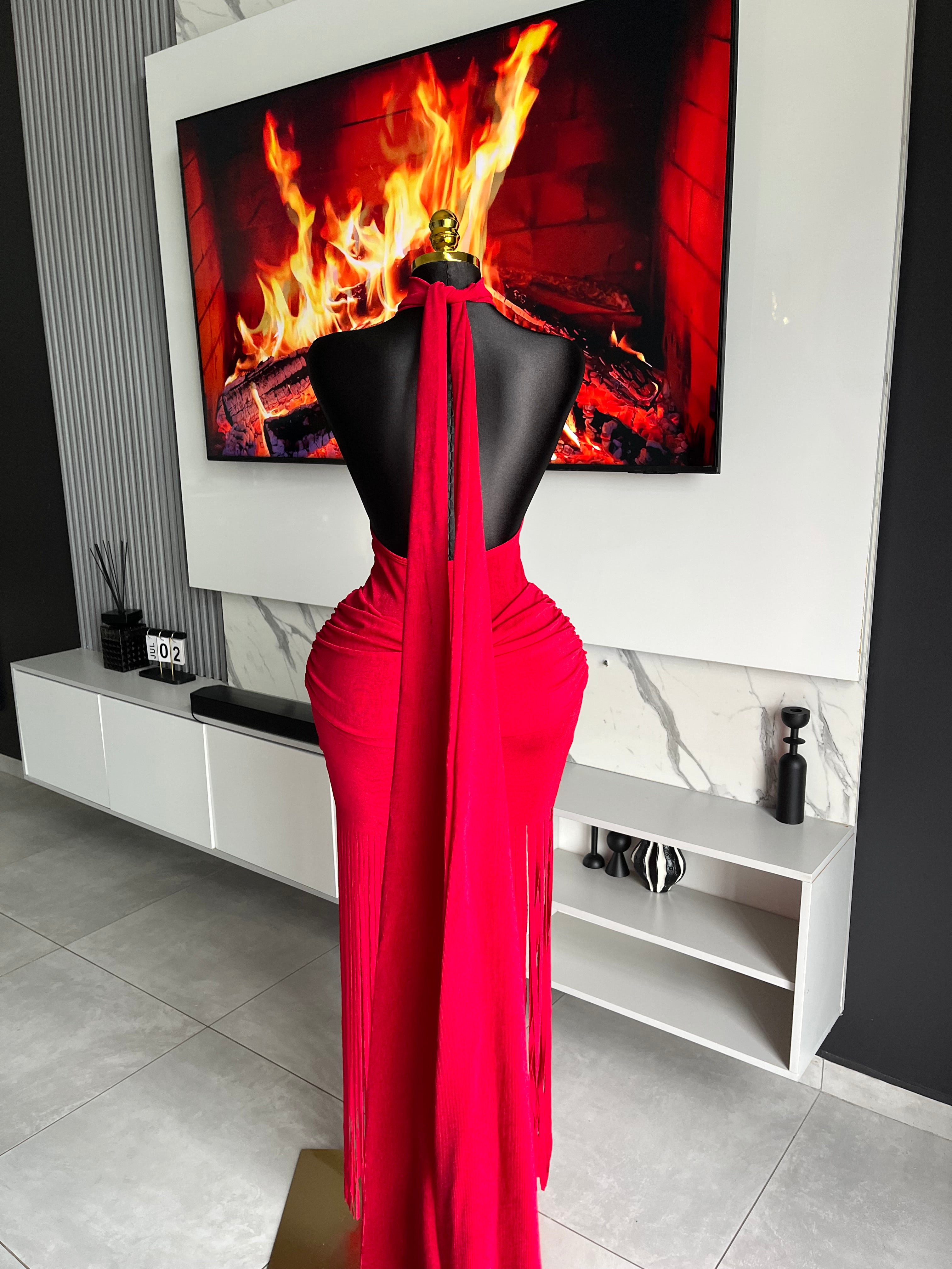 Amoura Fringe Maxi Dress Red