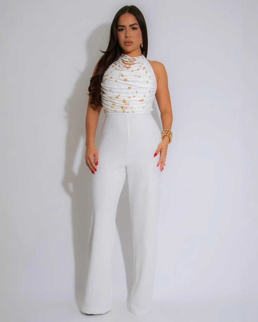 Sahara Beaded Halter Jumpsuit White