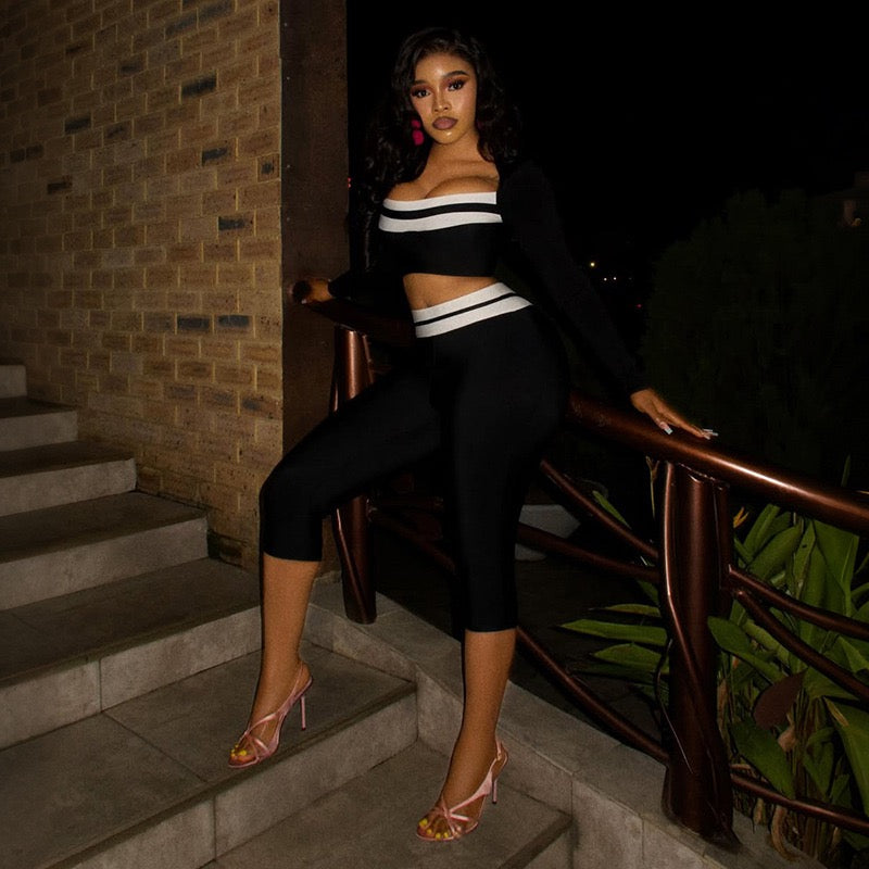 Domino Stripe Off-Shoulder Capri Set Black/White