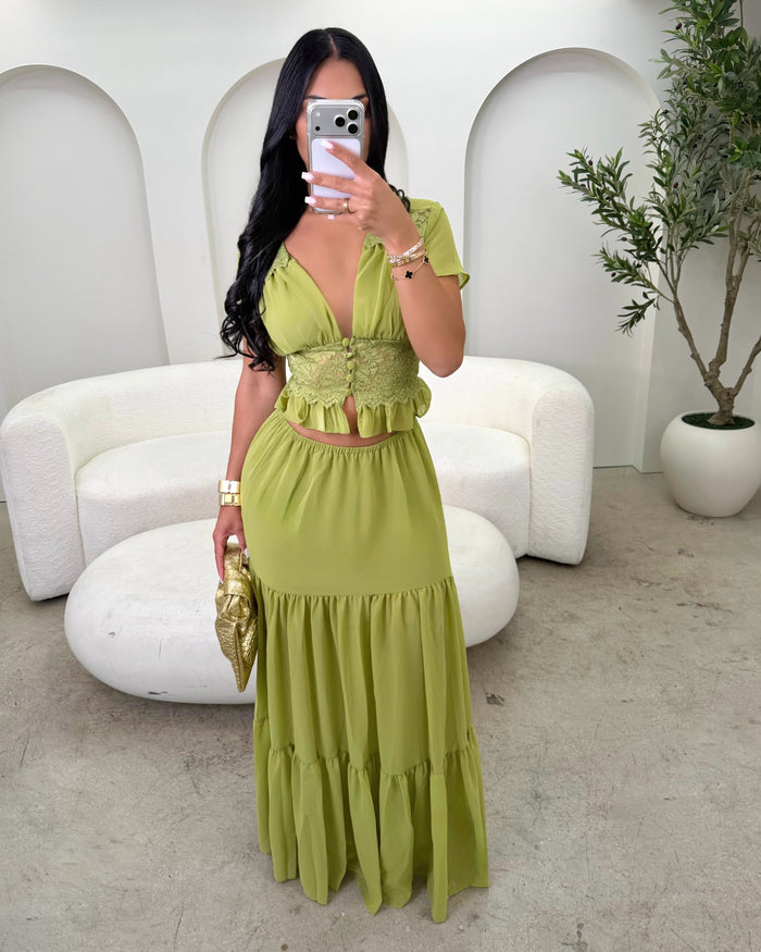 Fern Lace Ruffle Maxi Skirt Set Green